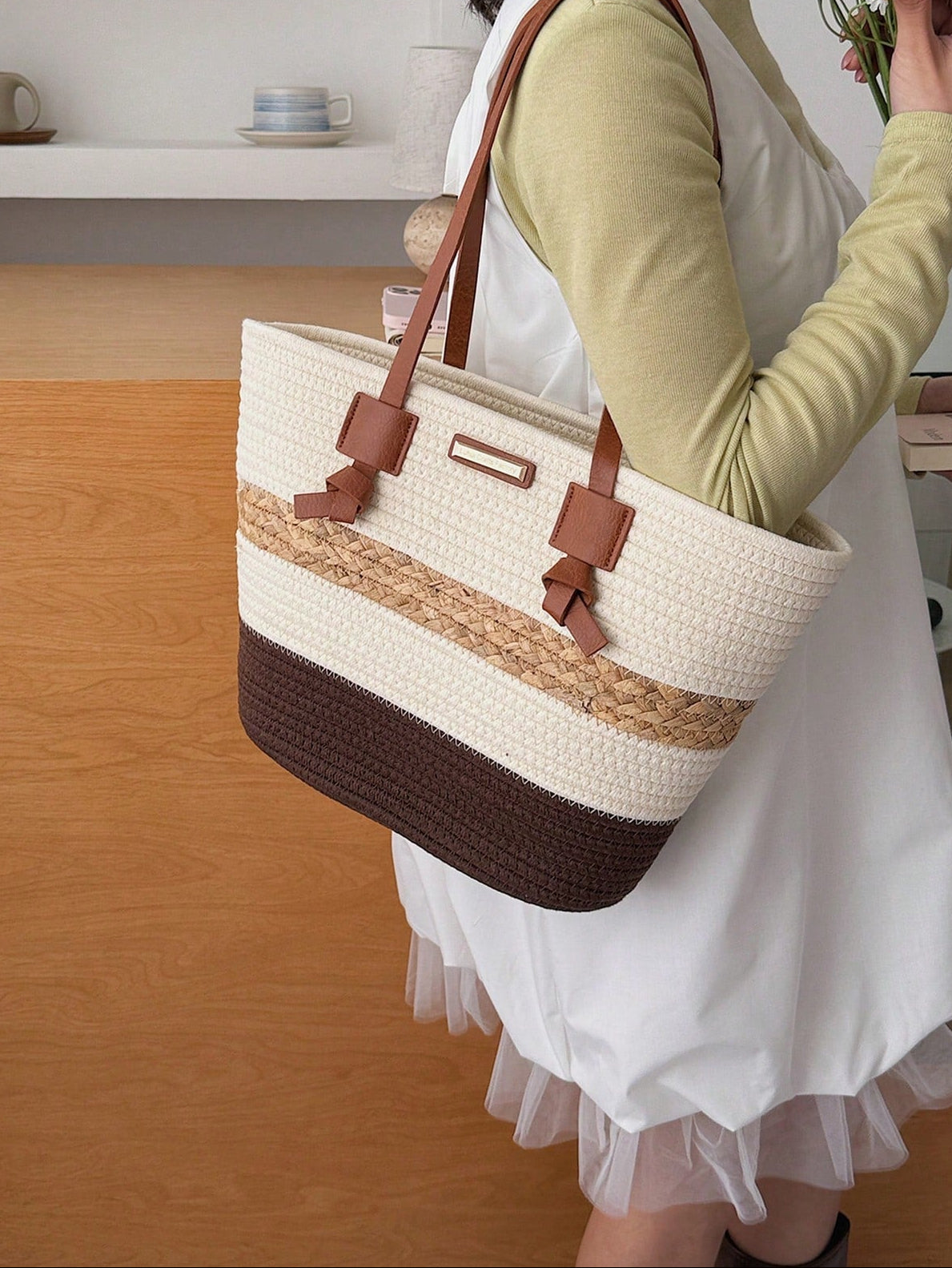 1pc Colorblock Striped Straw Tote Bag, Large Capacity Commuter Beach Shoulder Bag For Women
