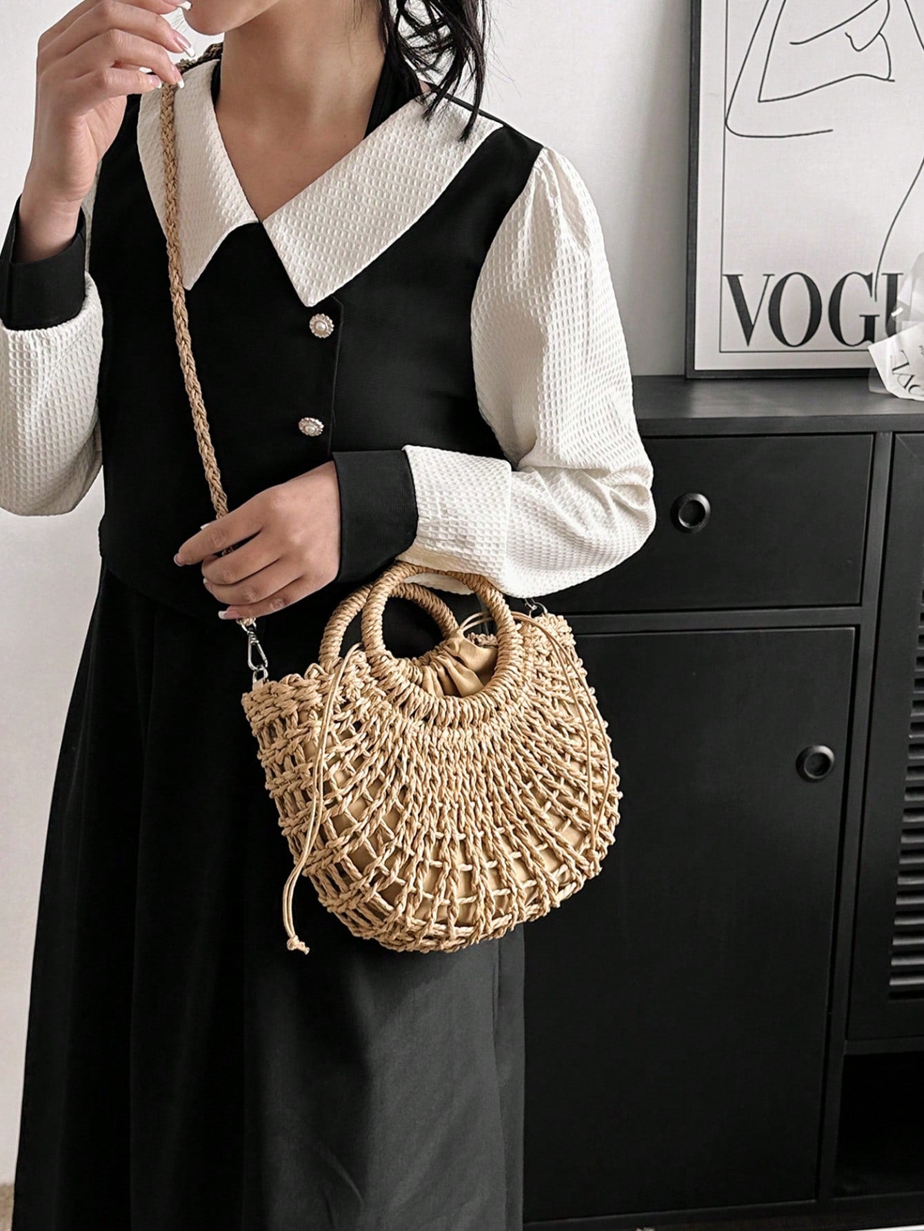 Tropiscape 1pc Half Circle Braided Drawstring Crossbody Bag For Women, Fashion Holiday Handbag For Travel And Daily Shopping Beach Autumn Winter Gifts ,Vacation Essentials