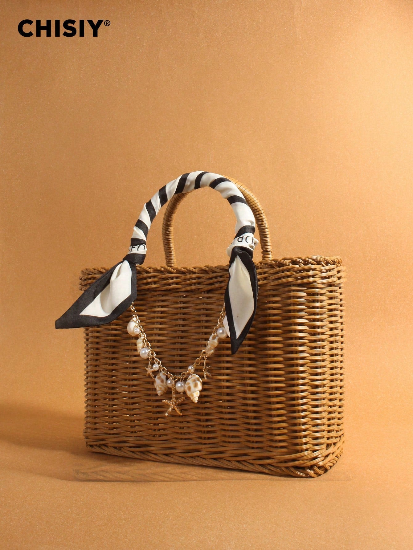 Summer New French Retro Handmade Vine Weaving Handbag Silk Scarf Handheld With Shell Sea Star Hanging Decoration Seaside Vacation Large Capacity Basket Package Daily Commuting Beach Leisure Party Travel