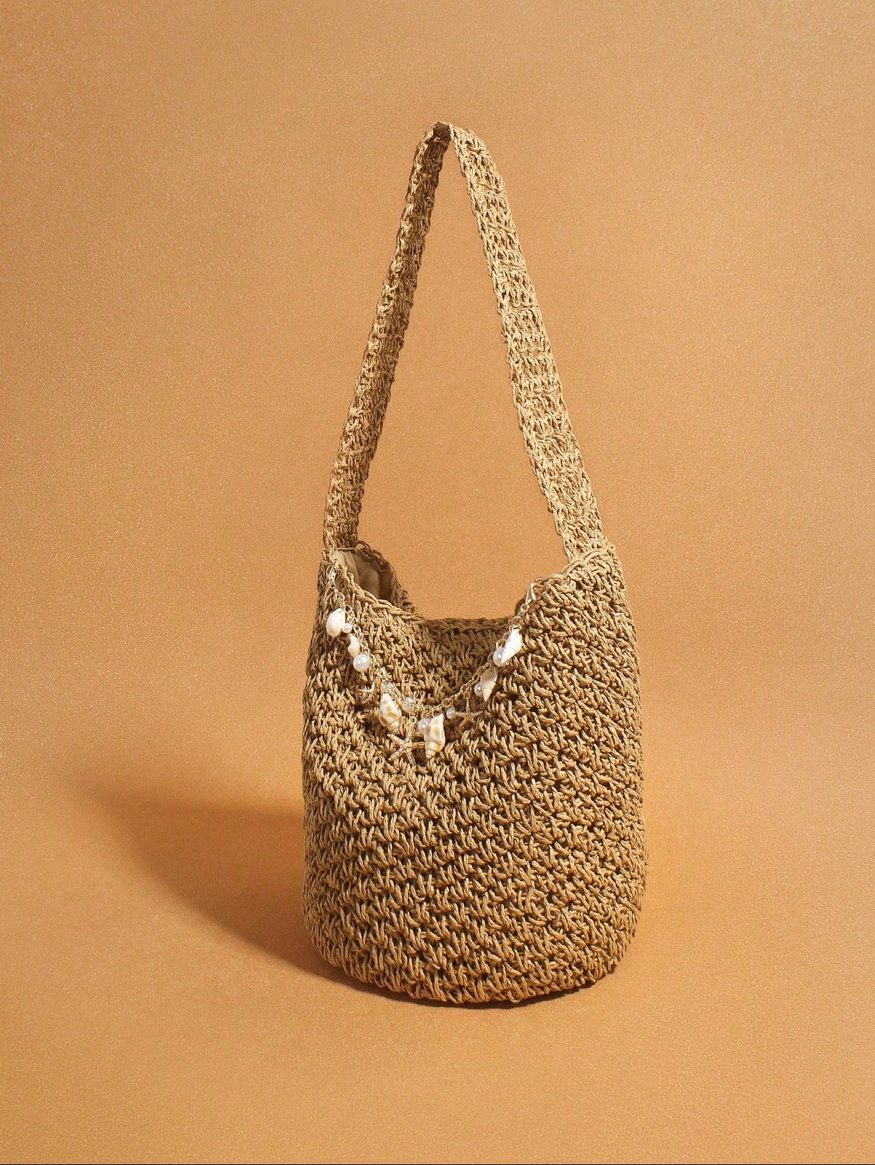 Original Handmade New Retro Woven Shoulder Bag, Summer Seaside Vacation Grass Woven Bag, Shell Starfish Hanging Decoration Bucket Bag, Large Capacity Commuting Handbag, Seaside Vacation Beach Bag, Daily Commuting Beach Leisure Party Travel