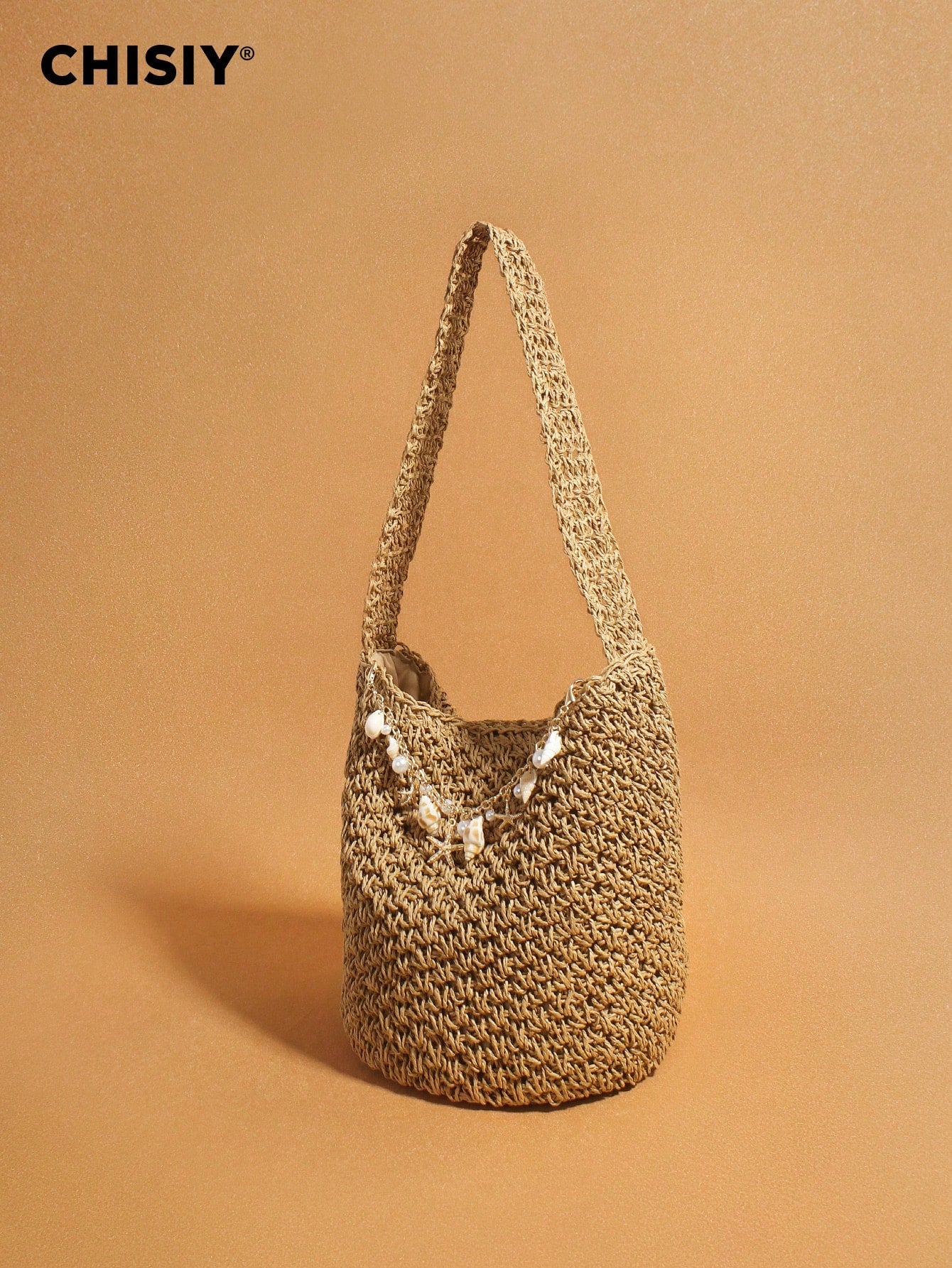 Original Handmade New Retro Woven Shoulder Bag, Summer Seaside Vacation Grass Woven Bag, Shell Starfish Hanging Decoration Bucket Bag, Large Capacity Commuting Handbag, Seaside Vacation Beach Bag, Daily Commuting Beach Leisure Party Travel