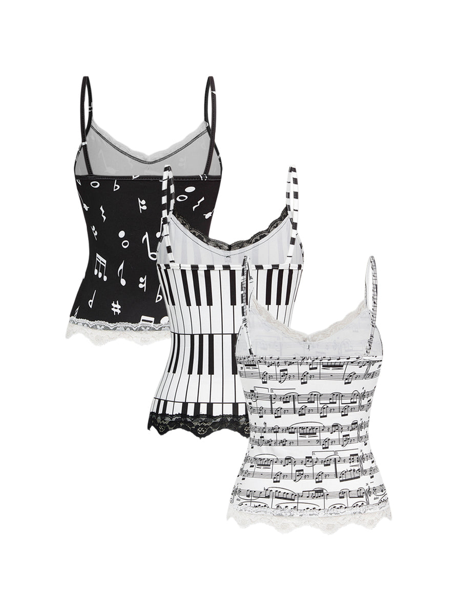 Three-piece women's camisole set featuring a retro music note and piano keyboard print, delicate contrast lace trim, front bow accent, and slim fit spaghetti straps.