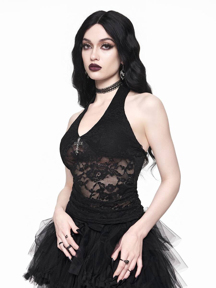Black gothic halter lace cami crop top featuring ruched details and backless design for women