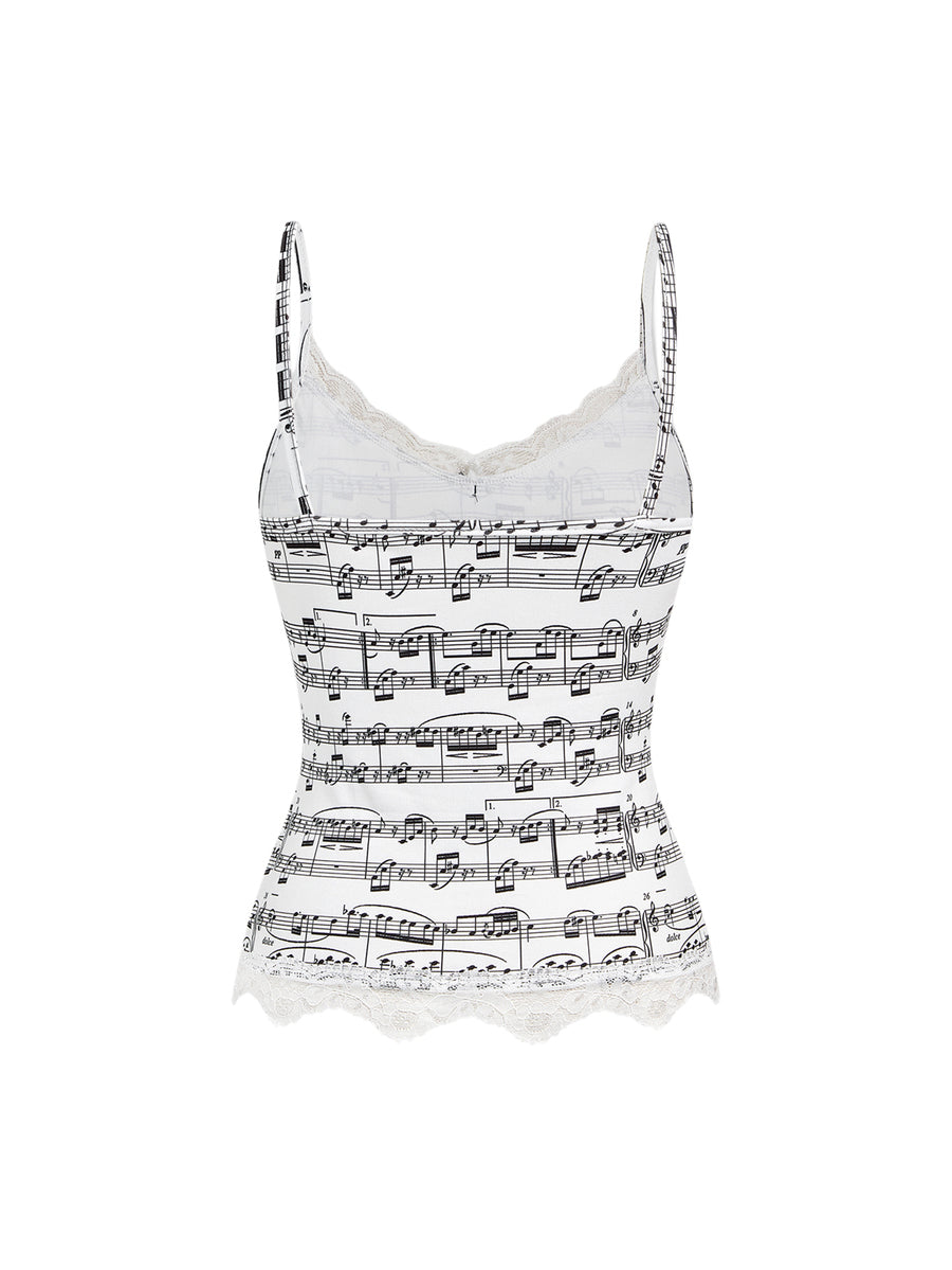 Three-piece women's camisole set featuring a retro music note and piano keyboard print, delicate contrast lace trim, front bow accent, and slim fit spaghetti straps.