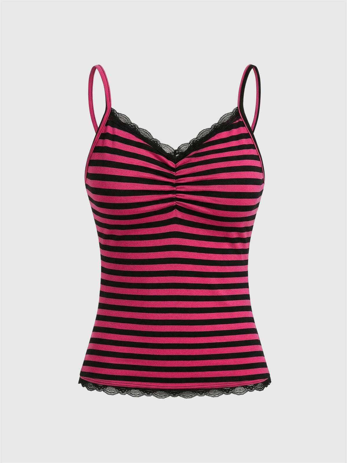 Burgundy and black striped lace trim camisole with spaghetti straps and ruched rib-knit detail.
