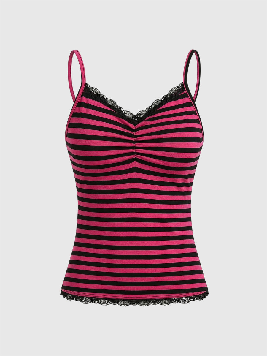 Burgundy and black striped lace trim camisole with spaghetti straps and ruched rib-knit detail.