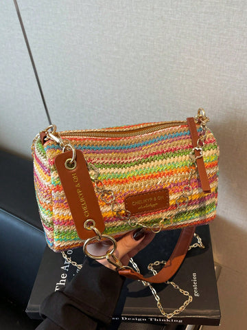 New Spring/Summer Contrast Striped Woven Straw Shoulder Bag, Fashion Letter Decor Women's