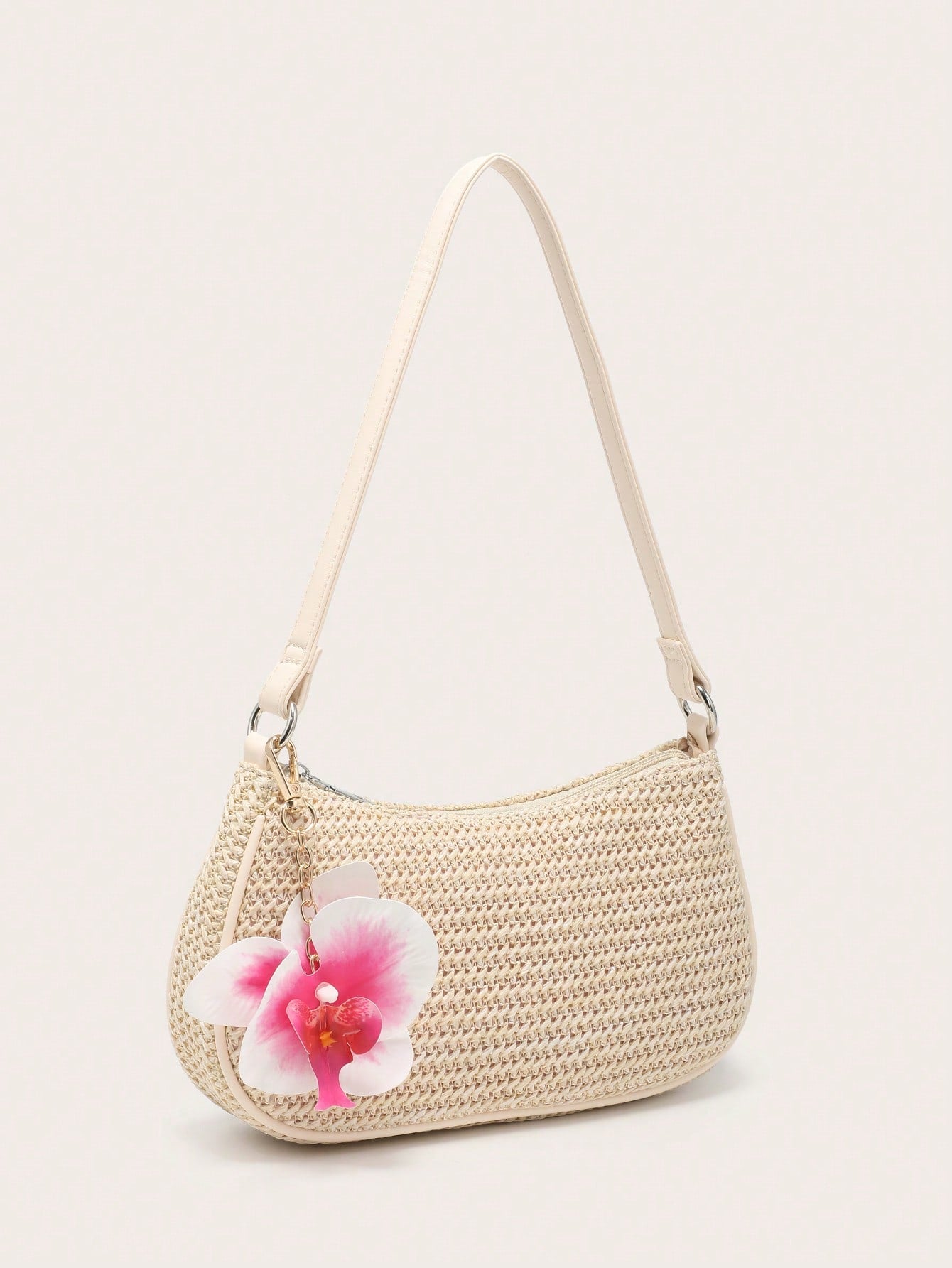 Women's Underarm Shoulder Bag, Square Bag, PU Rope Flower Pendant, Large Capacity, Lightweight, Casual Fashionable Beach Vacation Style, Suitable For Shopping And Vacation , Beach Bag, Holiday, Straw Bag