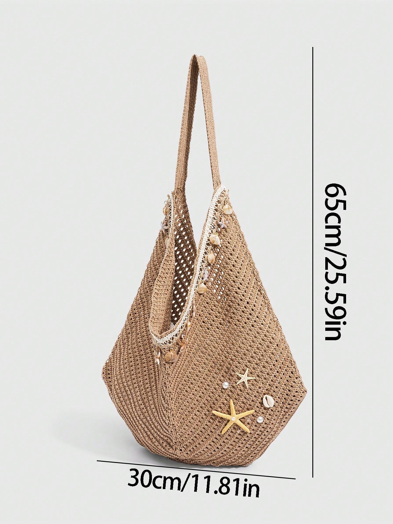 ROMWE Fairycore 1 Pc Tropical Ocean Beach Vacation Style Woven Hollow Beige Women's Shoulder Crossbody Handbag, Large Capacity Travel Vacation Bag