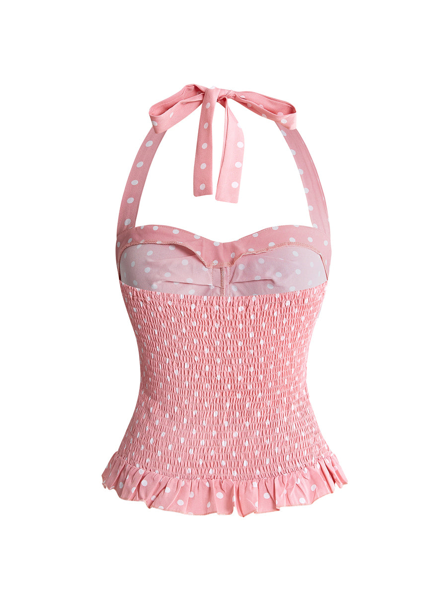 Pink plaid backless halter camisole set with ruched bust, knot detail, and ruffle hem for women.