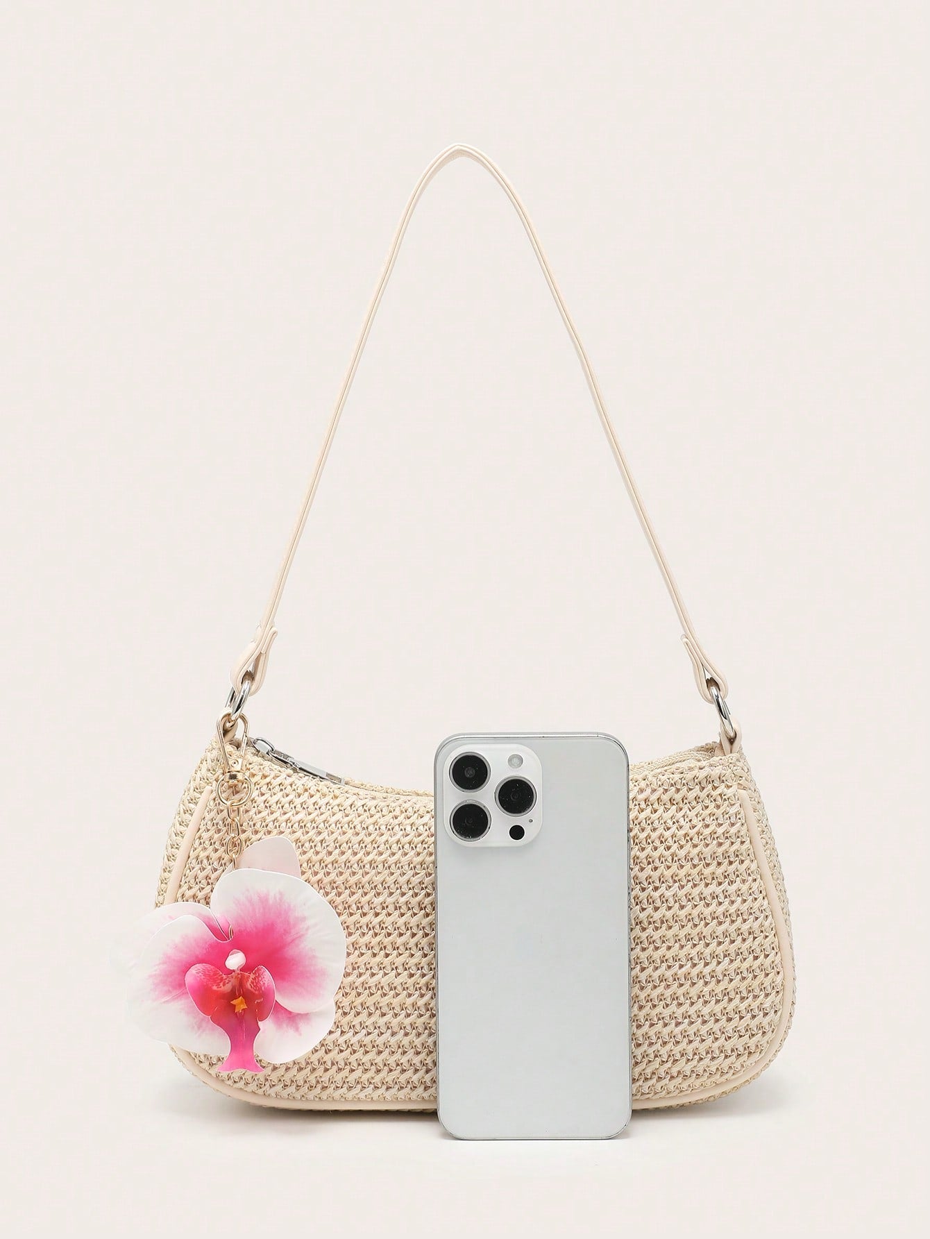 Women's Underarm Shoulder Bag, Square Bag, PU Rope Flower Pendant, Large Capacity, Lightweight, Casual Fashionable Beach Vacation Style, Suitable For Shopping And Vacation , Beach Bag, Holiday, Straw Bag
