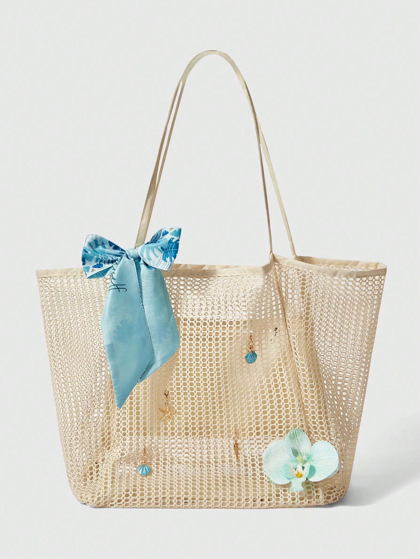 OMWE Fairycore 1pc Handmade Woven Tote Bag With Artificial Orchid, Lily Decor,