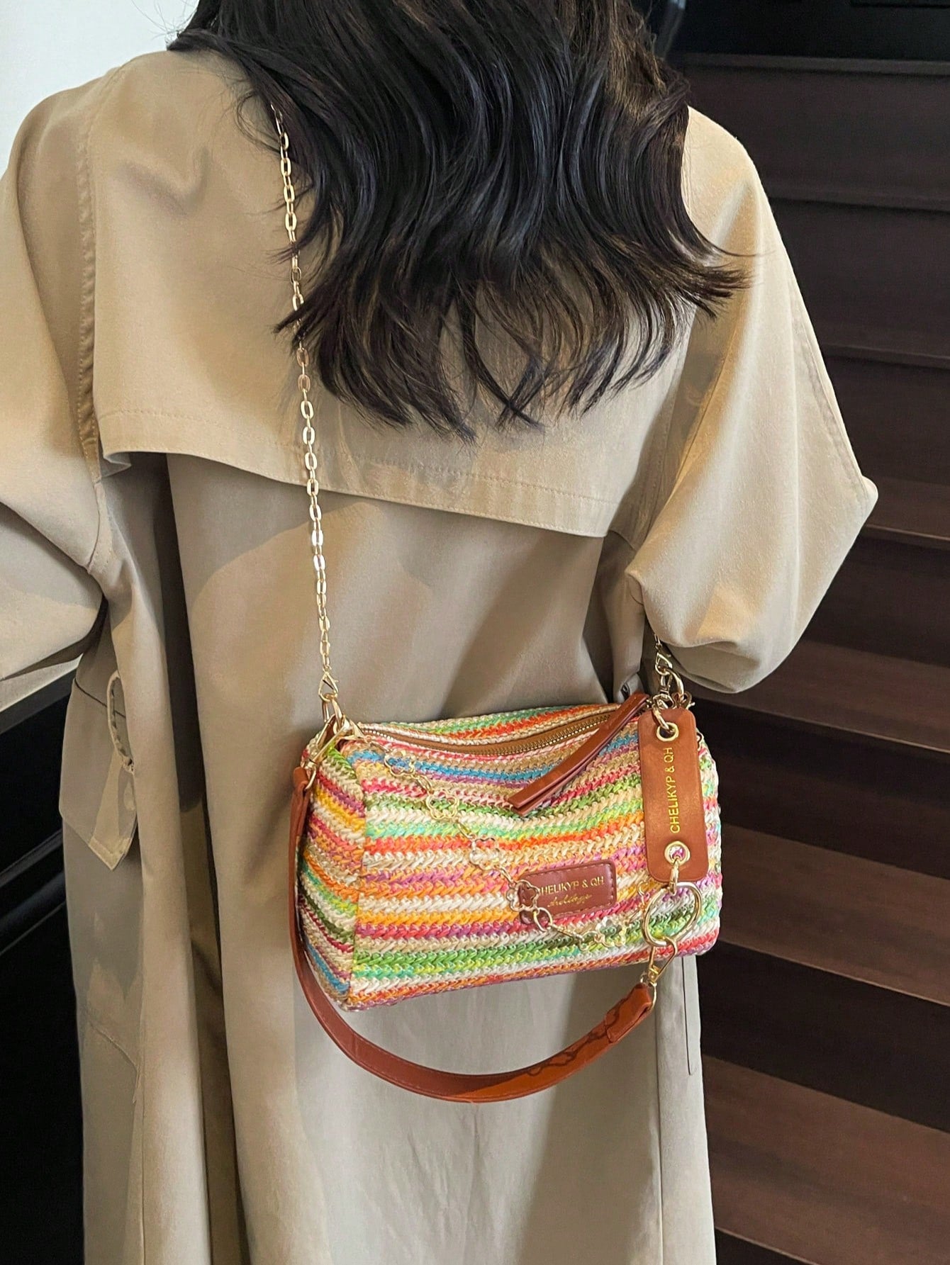 New Spring/Summer Contrast Striped Woven Straw Shoulder Bag, Fashion Letter Decor Women's