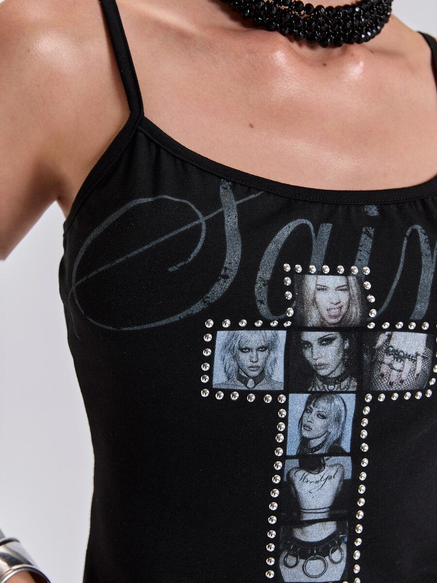 Black fitted cropped spaghetti strap tank top for women featuring a graphic portrait cross print with rhinestone details.
