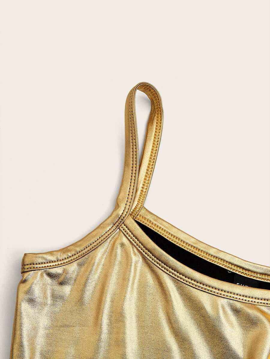 Women's gold PU leather cropped cami top with thin spaghetti straps and a slim fit silhouette.