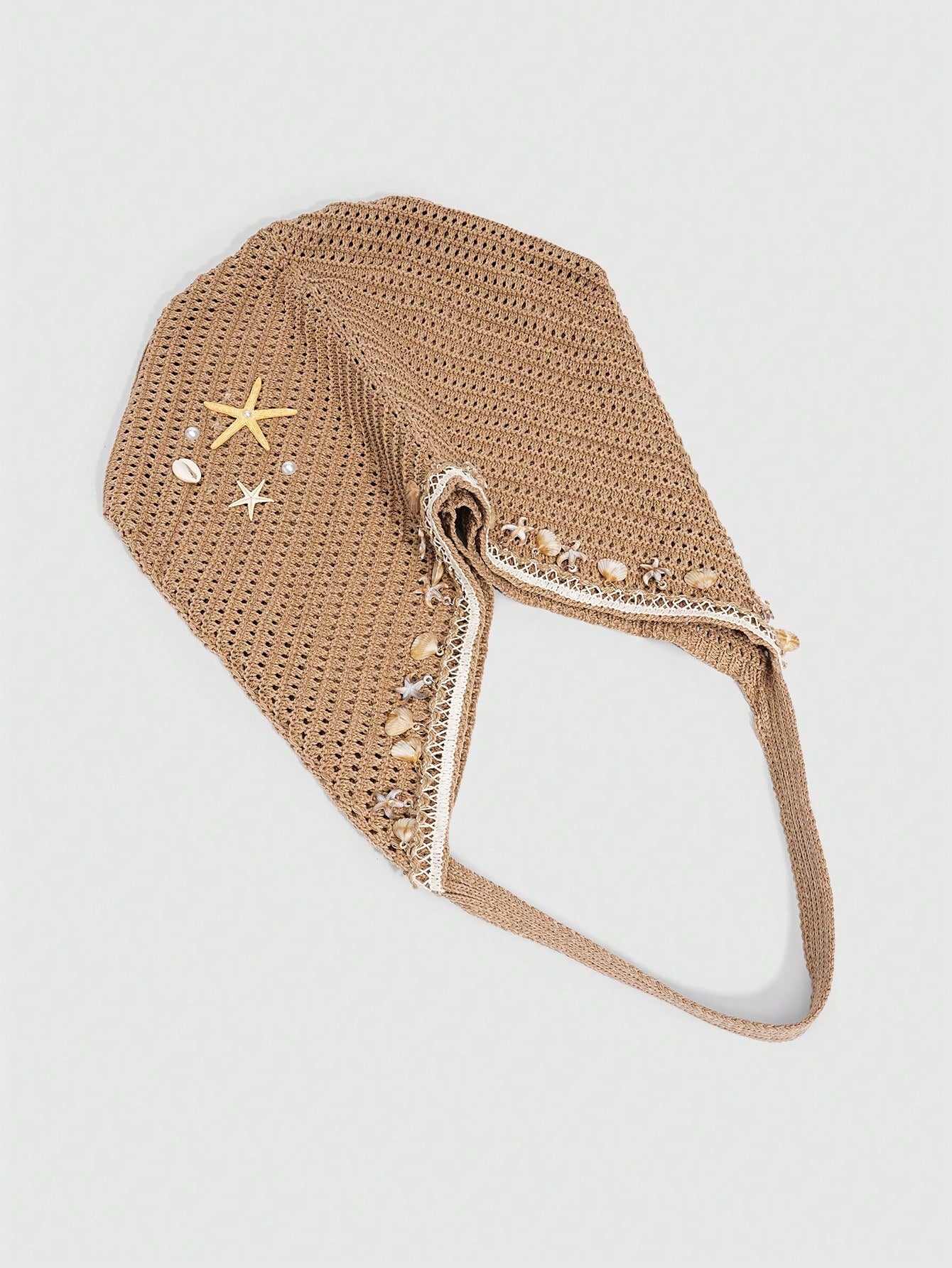 ROMWE Fairycore 1 Pc Tropical Ocean Beach Vacation Style Woven Hollow Beige Women's Shoulder Crossbody Handbag, Large Capacity Travel Vacation Bag