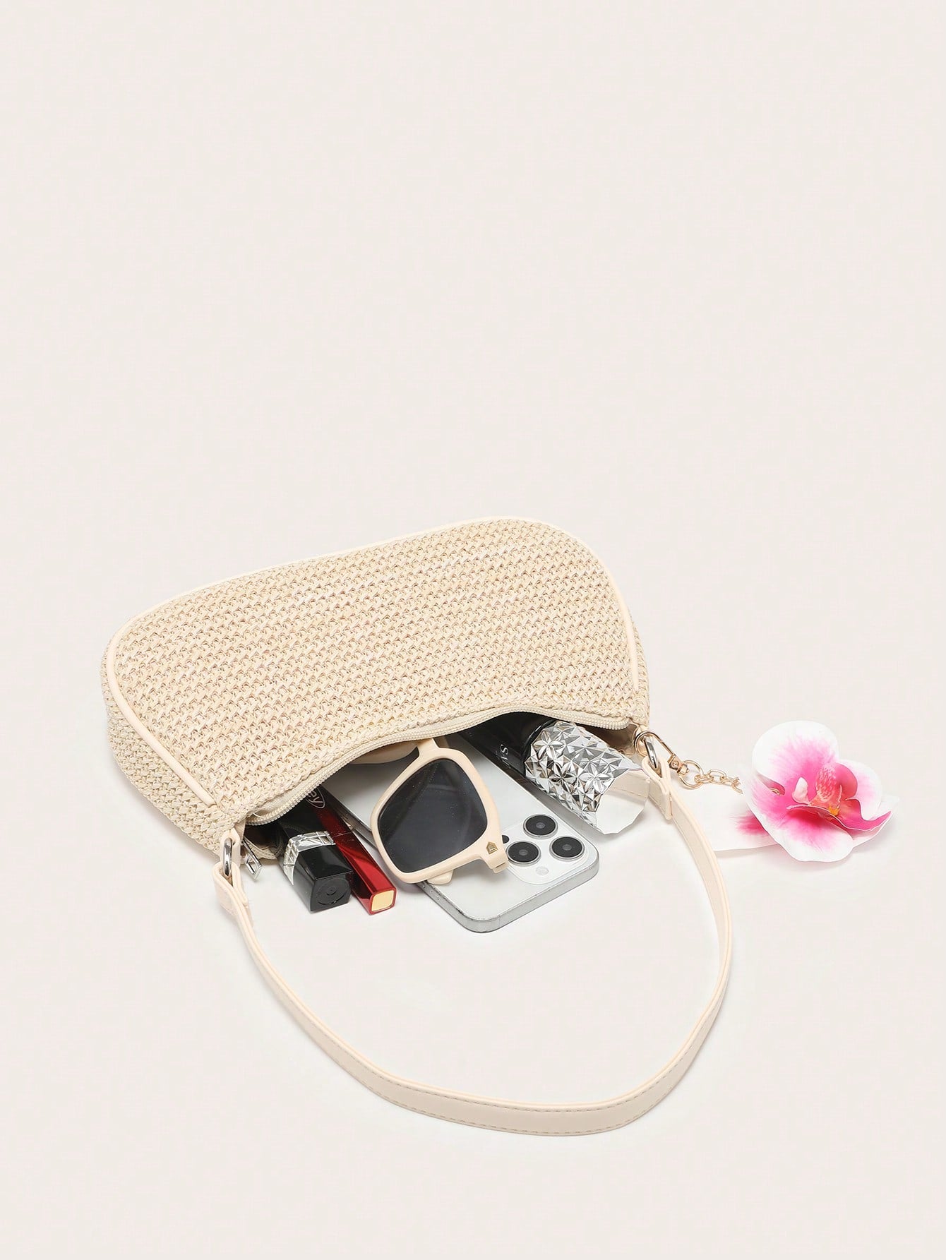 Women's Underarm Shoulder Bag, Square Bag, PU Rope Flower Pendant, Large Capacity, Lightweight, Casual Fashionable Beach Vacation Style, Suitable For Shopping And Vacation , Beach Bag, Holiday, Straw Bag