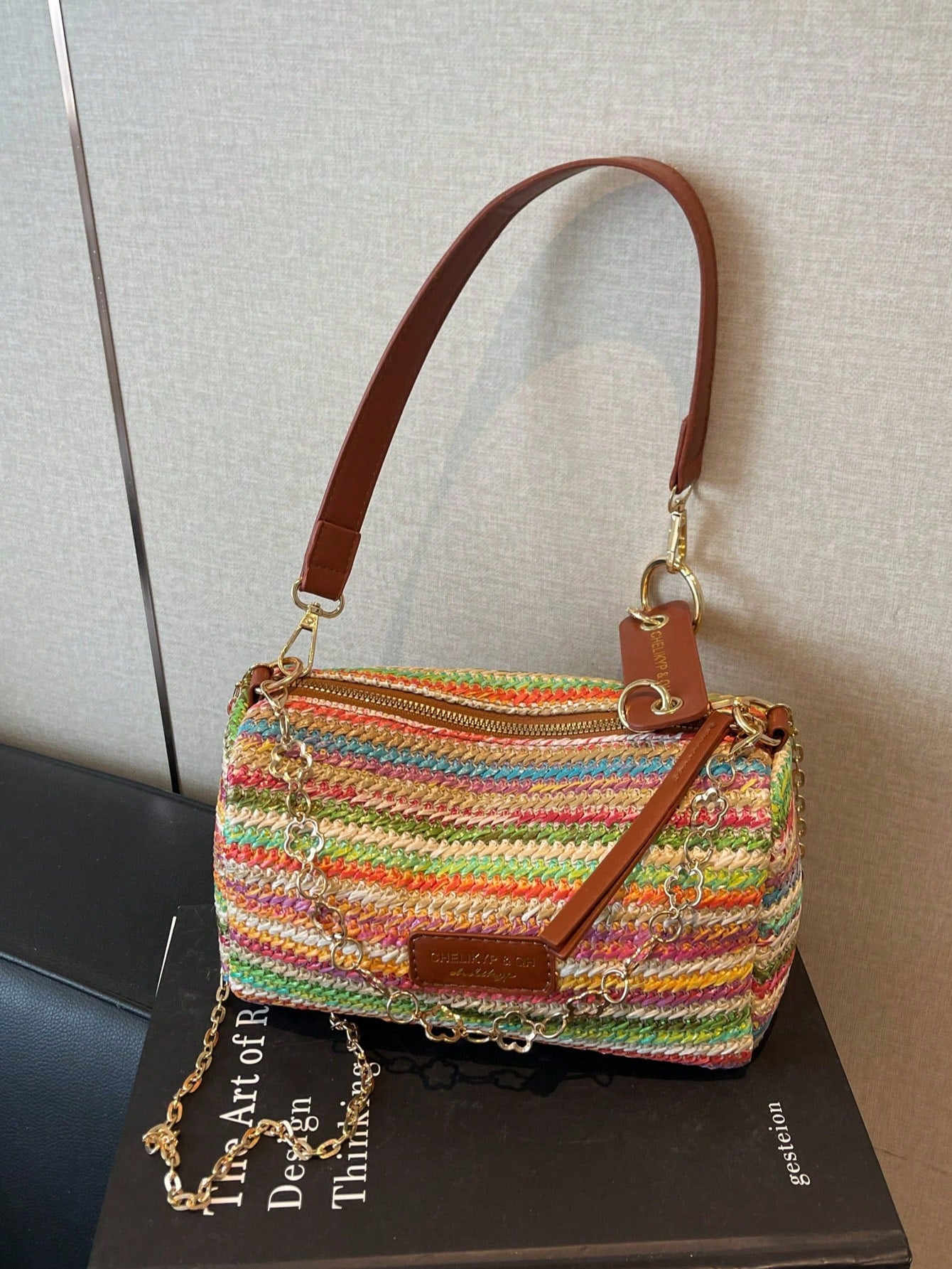 New Spring/Summer Contrast Striped Woven Straw Shoulder Bag, Fashion Letter Decor Women's