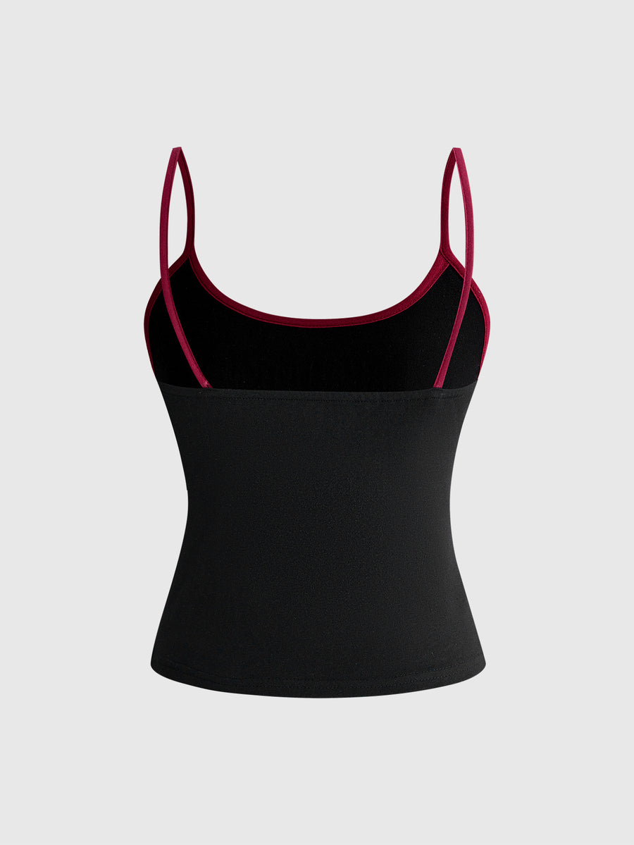 Women's black Halloween contrast print slim fit camisole tank top with spaghetti straps and ruched detailing.