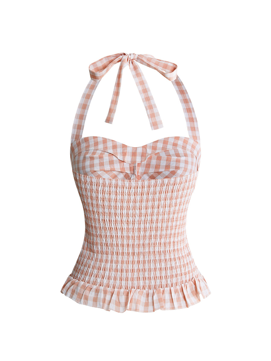 Pink plaid backless halter camisole set with ruched bust, knot detail, and ruffle hem for women.