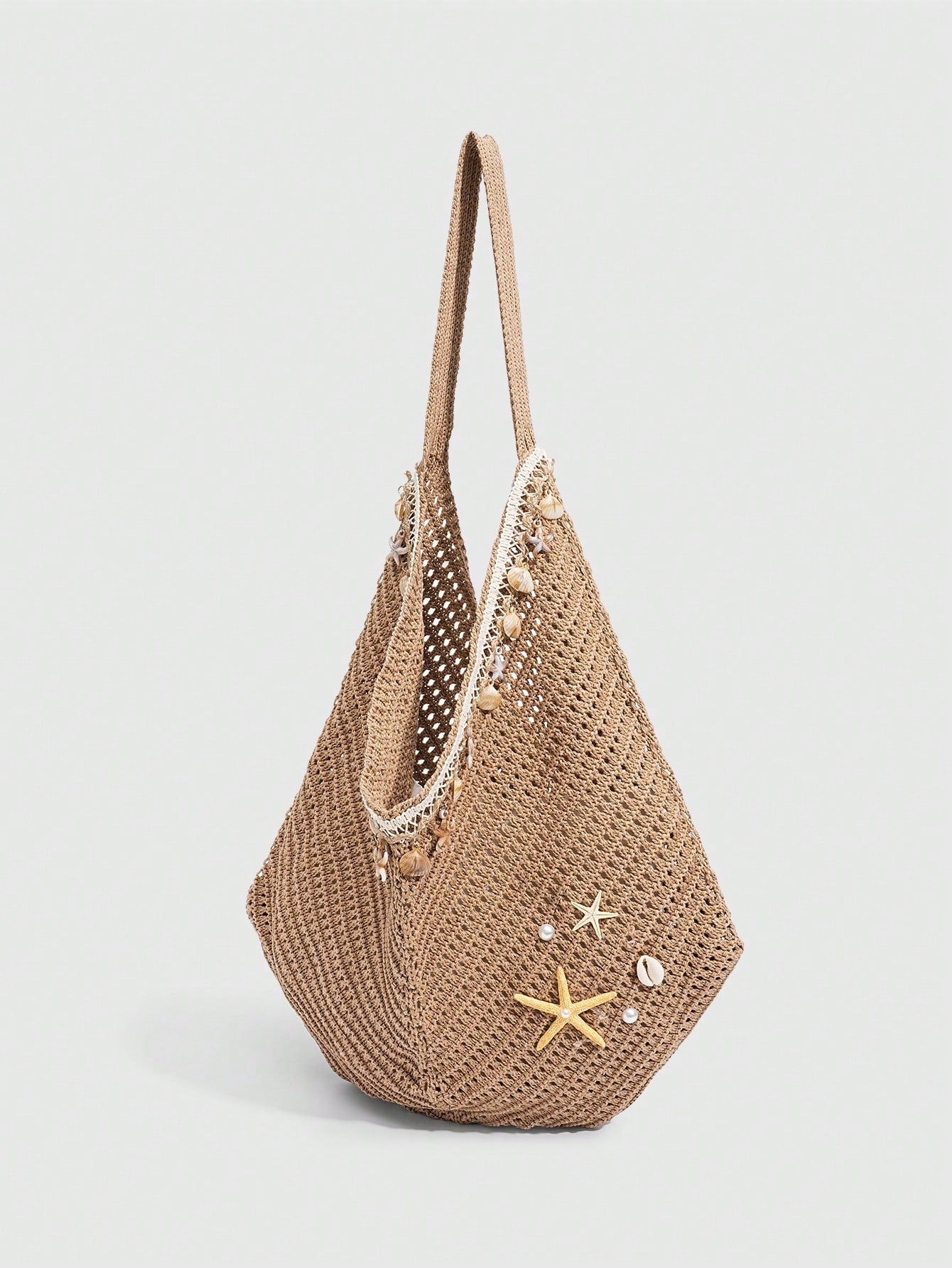 ROMWE Fairycore 1 Pc Tropical Ocean Beach Vacation Style Woven Hollow Beige Women's Shoulder Crossbody Handbag, Large Capacity Travel Vacation Bag