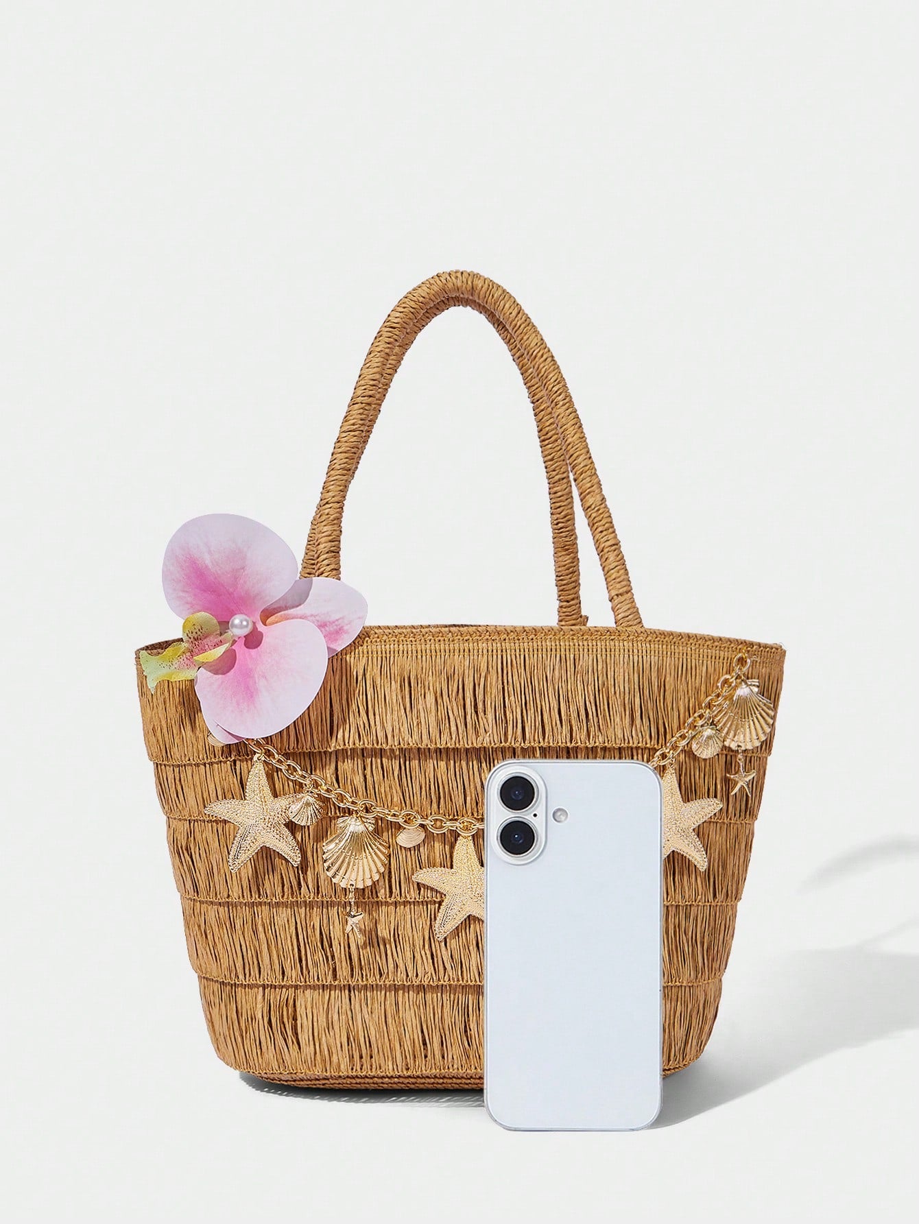 OMWE Fairycore 1pc Handmade Woven Tote Bag With Artificial Orchid, Lily Decor,