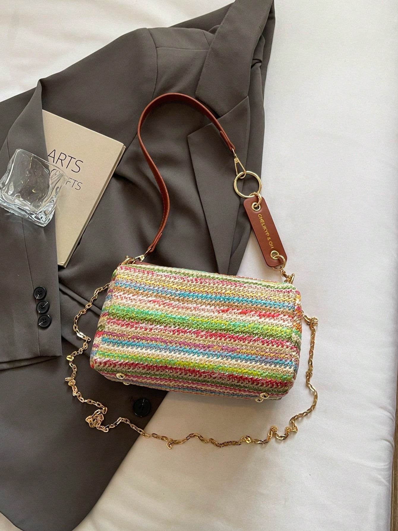 New Spring/Summer Contrast Striped Woven Straw Shoulder Bag, Fashion Letter Decor Women's