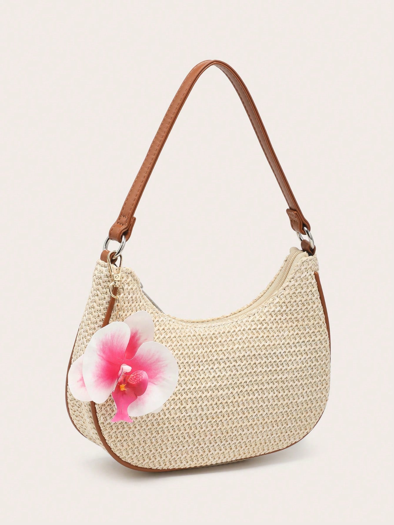 Women's Underarm Shoulder Bag, Square Bag, PU Rope Flower Pendant, Large Capacity, Lightweight, Casual Fashionable Beach Vacation Style, Suitable For Shopping And Vacation , Beach Bag, Holiday, Straw Bag