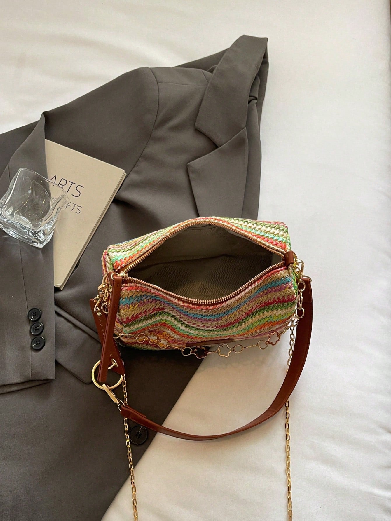 New Spring/Summer Contrast Striped Woven Straw Shoulder Bag, Fashion Letter Decor Women's