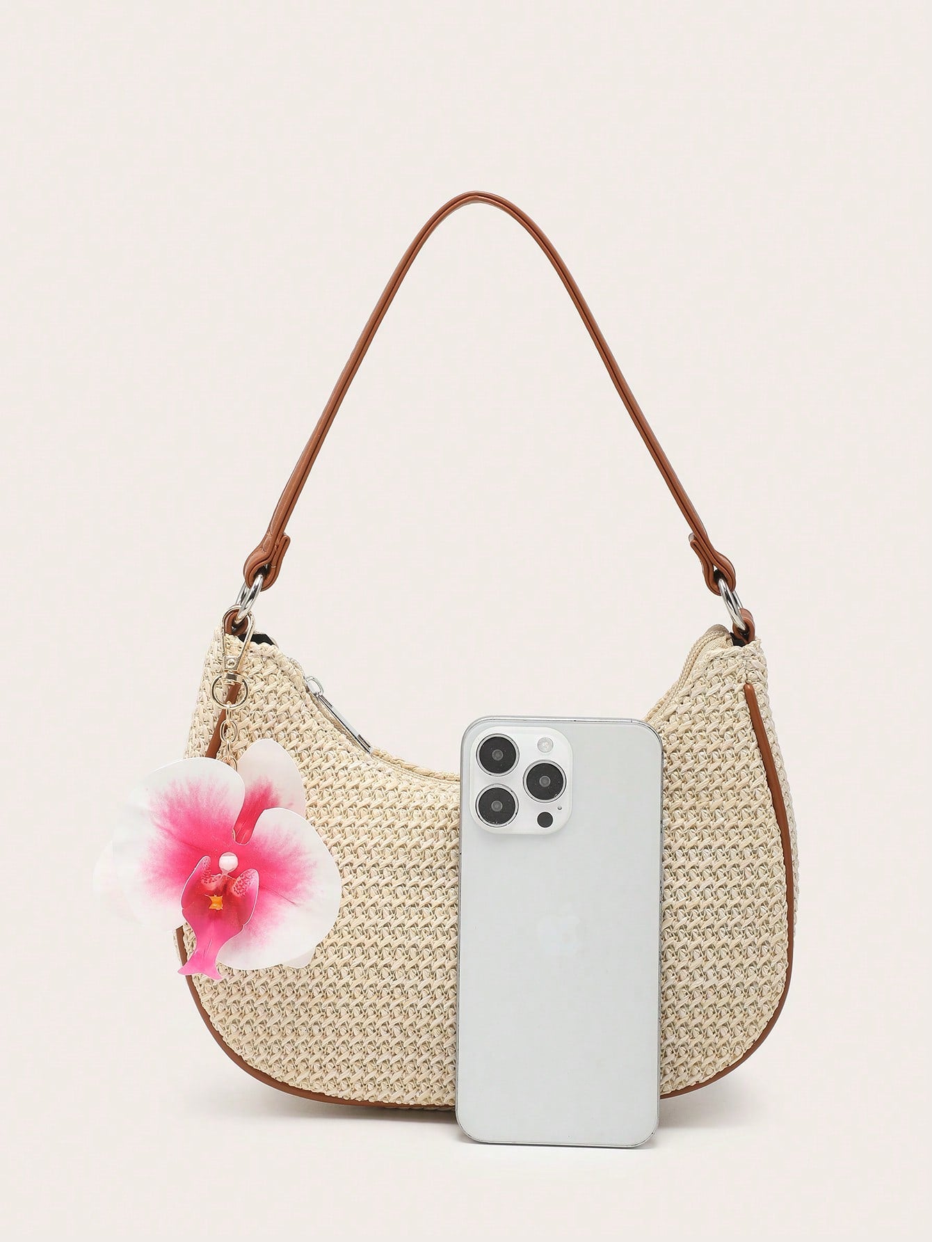 Women's Underarm Shoulder Bag, Square Bag, PU Rope Flower Pendant, Large Capacity, Lightweight, Casual Fashionable Beach Vacation Style, Suitable For Shopping And Vacation , Beach Bag, Holiday, Straw Bag