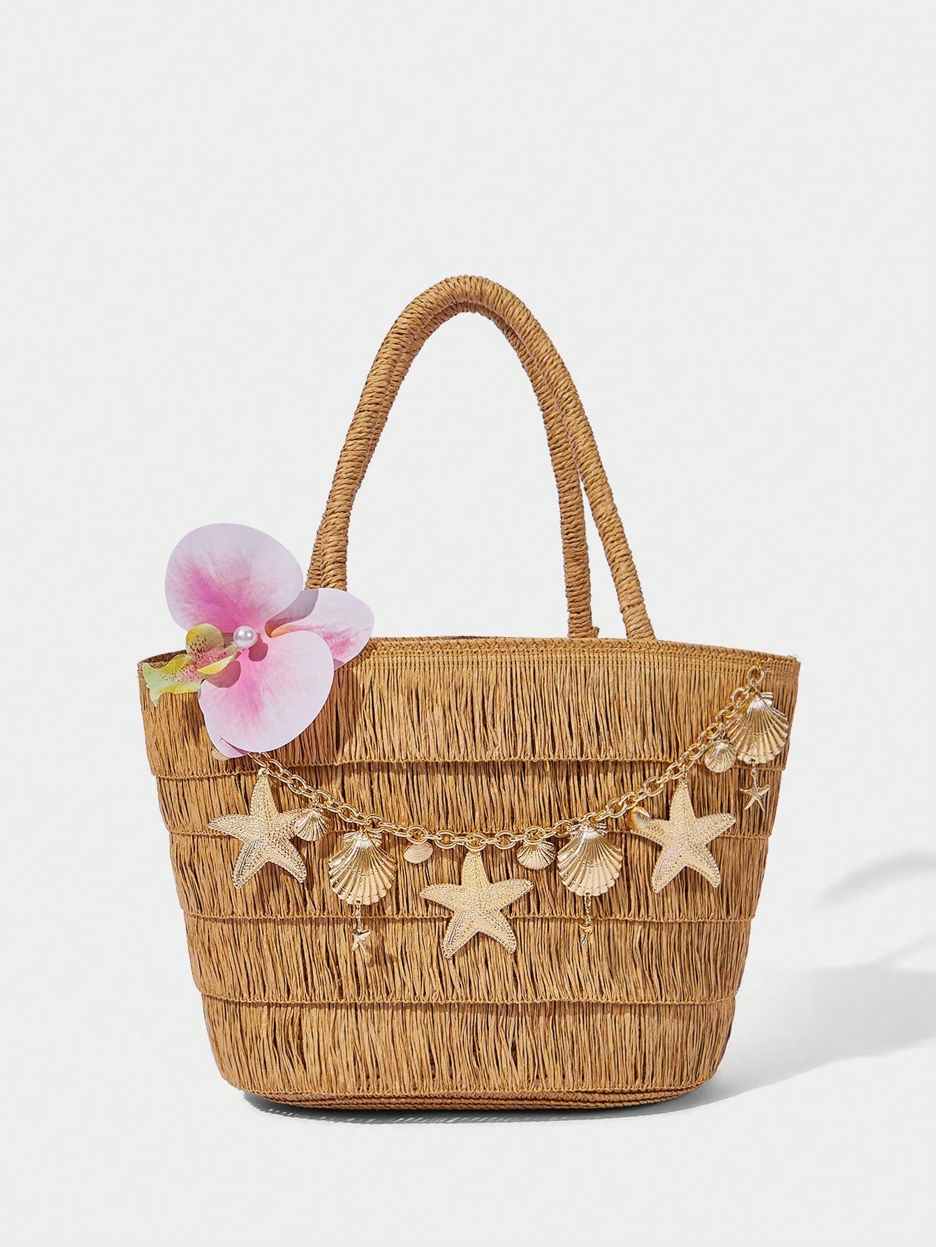 OMWE Fairycore 1pc Handmade Woven Tote Bag With Artificial Orchid, Lily Decor,