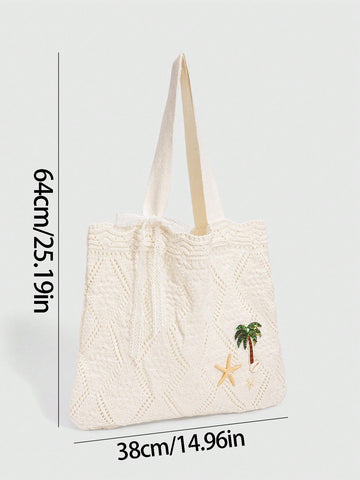 ROMWE Fairycore 1 Pc Tropical Ocean Beach Vacation Style Woven Hollow Beige Women's Shoulder Crossbody Handbag, Large Capacity Travel Vacation Bag
