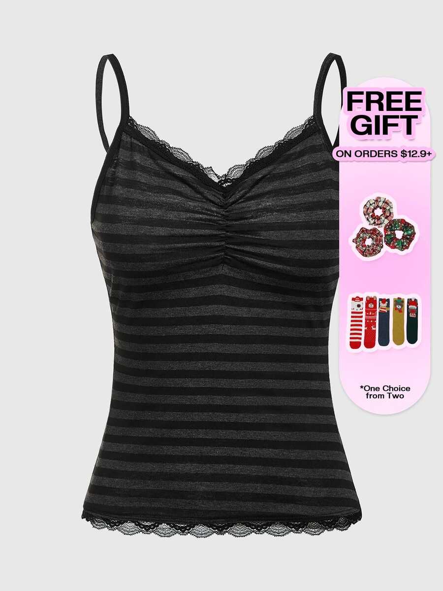 Burgundy and black striped lace trim camisole with spaghetti straps and ruched rib-knit detail.