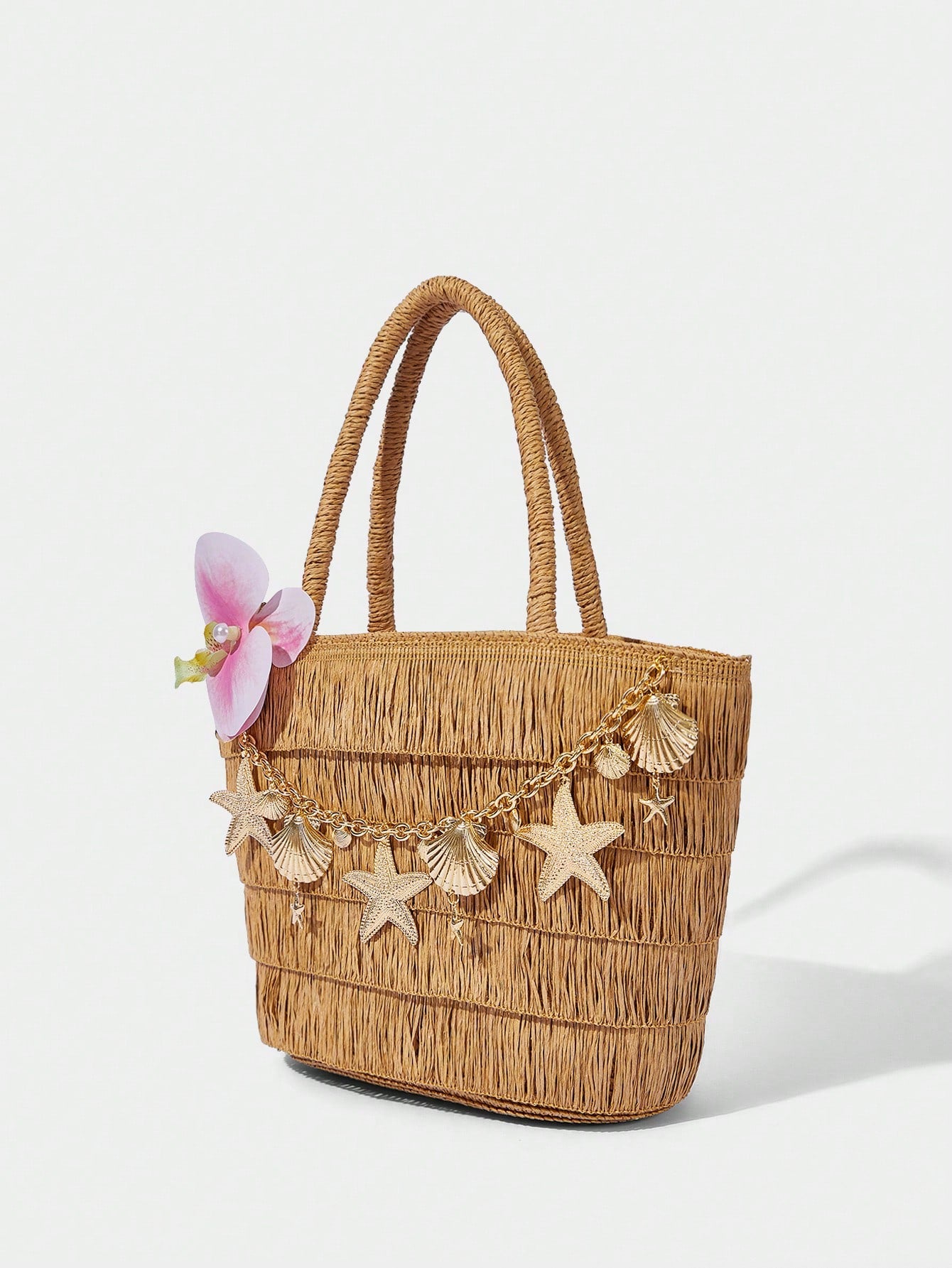 OMWE Fairycore 1pc Handmade Woven Tote Bag With Artificial Orchid, Lily Decor,