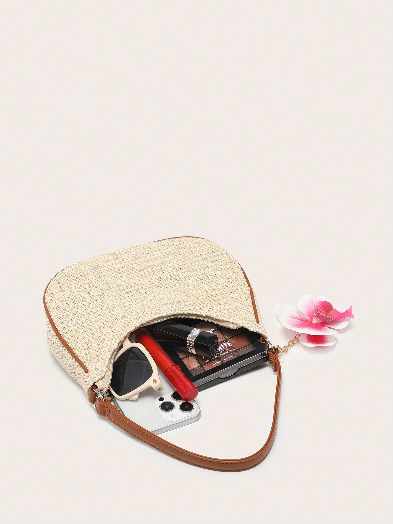 Women's Underarm Shoulder Bag, Square Bag, PU Rope Flower Pendant, Large Capacity, Lightweight, Casual Fashionable Beach Vacation Style, Suitable For Shopping And Vacation , Beach Bag, Holiday, Straw Bag