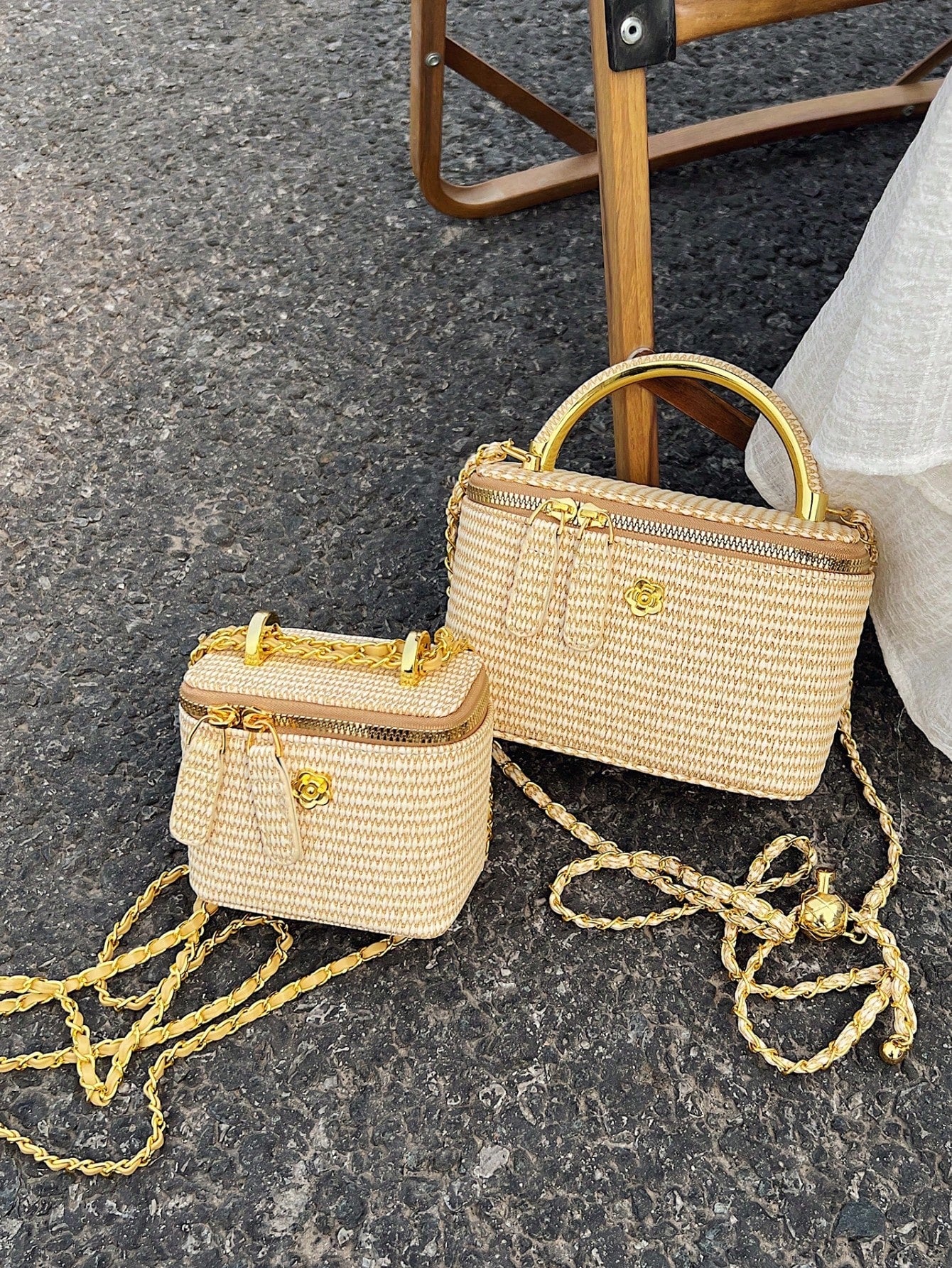 Woven Texture Handle Box-Shaped Handbag, Women's Spring/Summer New Fashion Chain Crossbody Small Square Bag, Versatile Beach Holiday Purse
