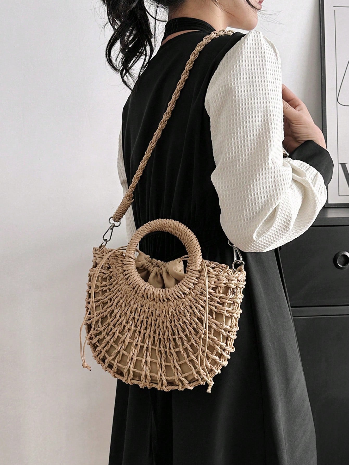 Tropiscape 1pc Half Circle Braided Drawstring Crossbody Bag For Women, Fashion Holiday Handbag For Travel And Daily Shopping Beach Autumn Winter Gifts ,Vacation Essentials