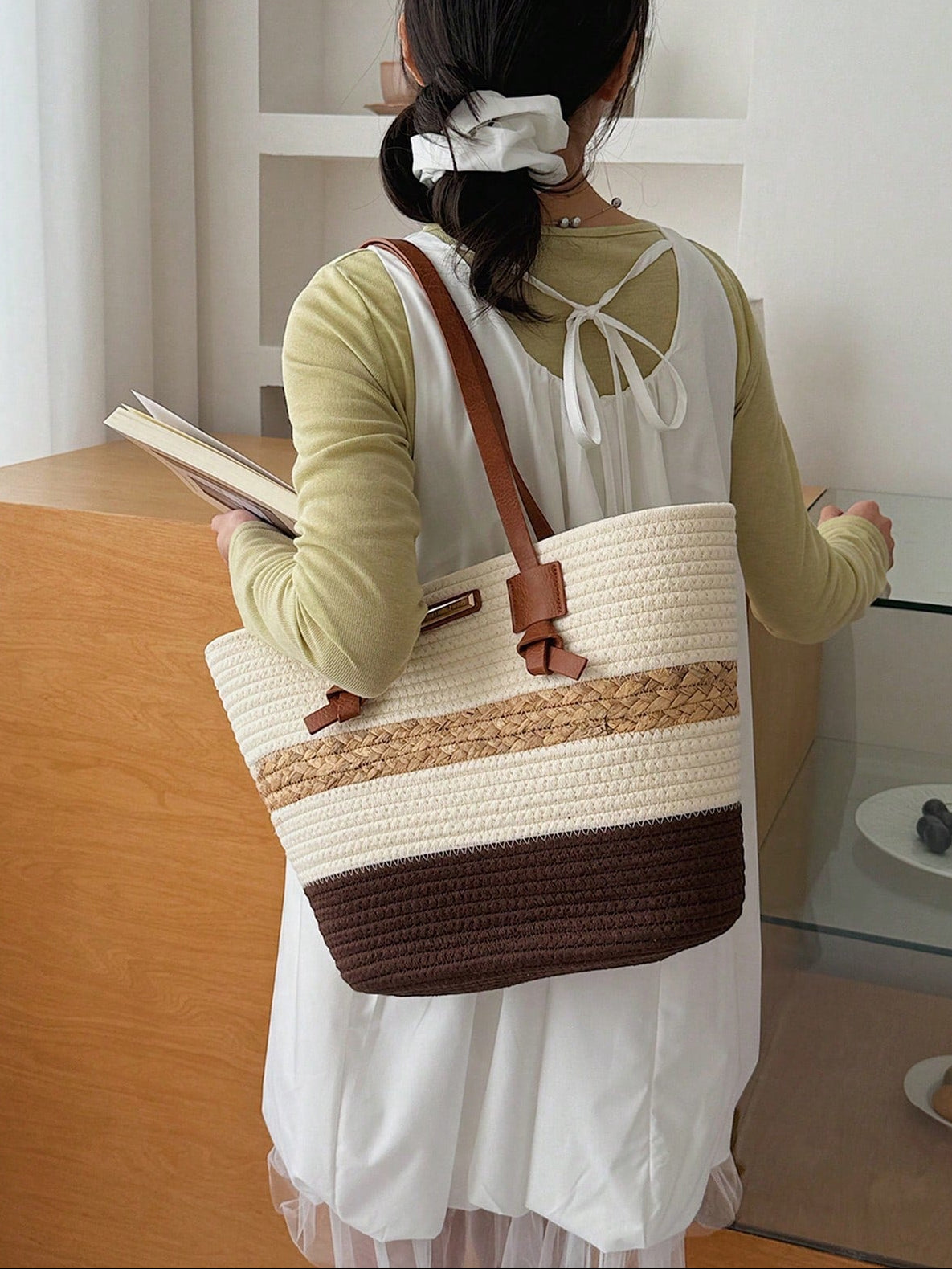 1pc Colorblock Striped Straw Tote Bag, Large Capacity Commuter Beach Shoulder Bag For Women