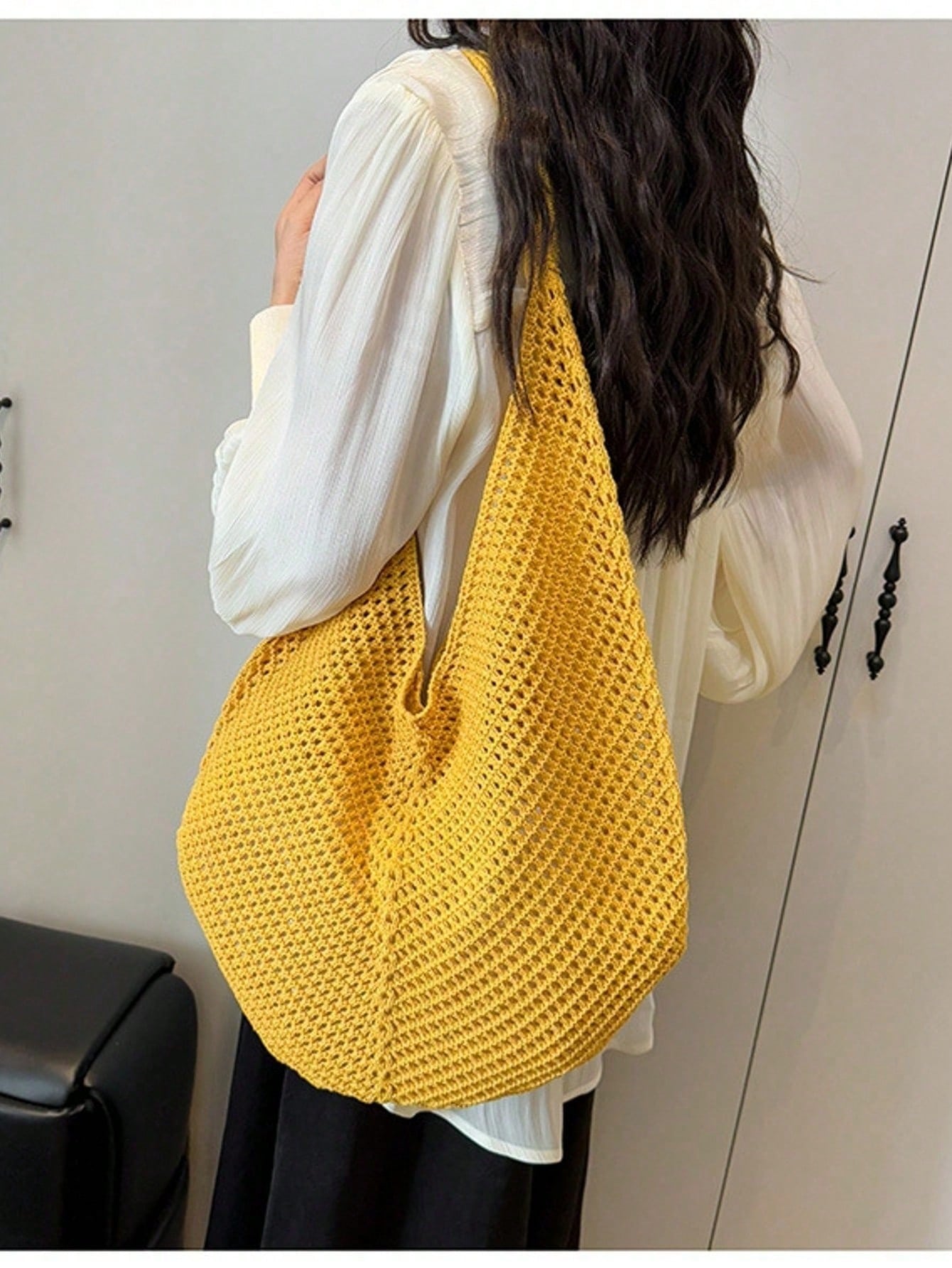 Large Capacity Crochet Shoulder Tote Bag - Lightweight, Multifunctional Knitted Handbag, Beige, Pink, Brown, Black, Suitable For Travel, Beach, Vacation And Daily Use, Large Tote Bag , Beach Bag , Crochet, Holiday, Yellow