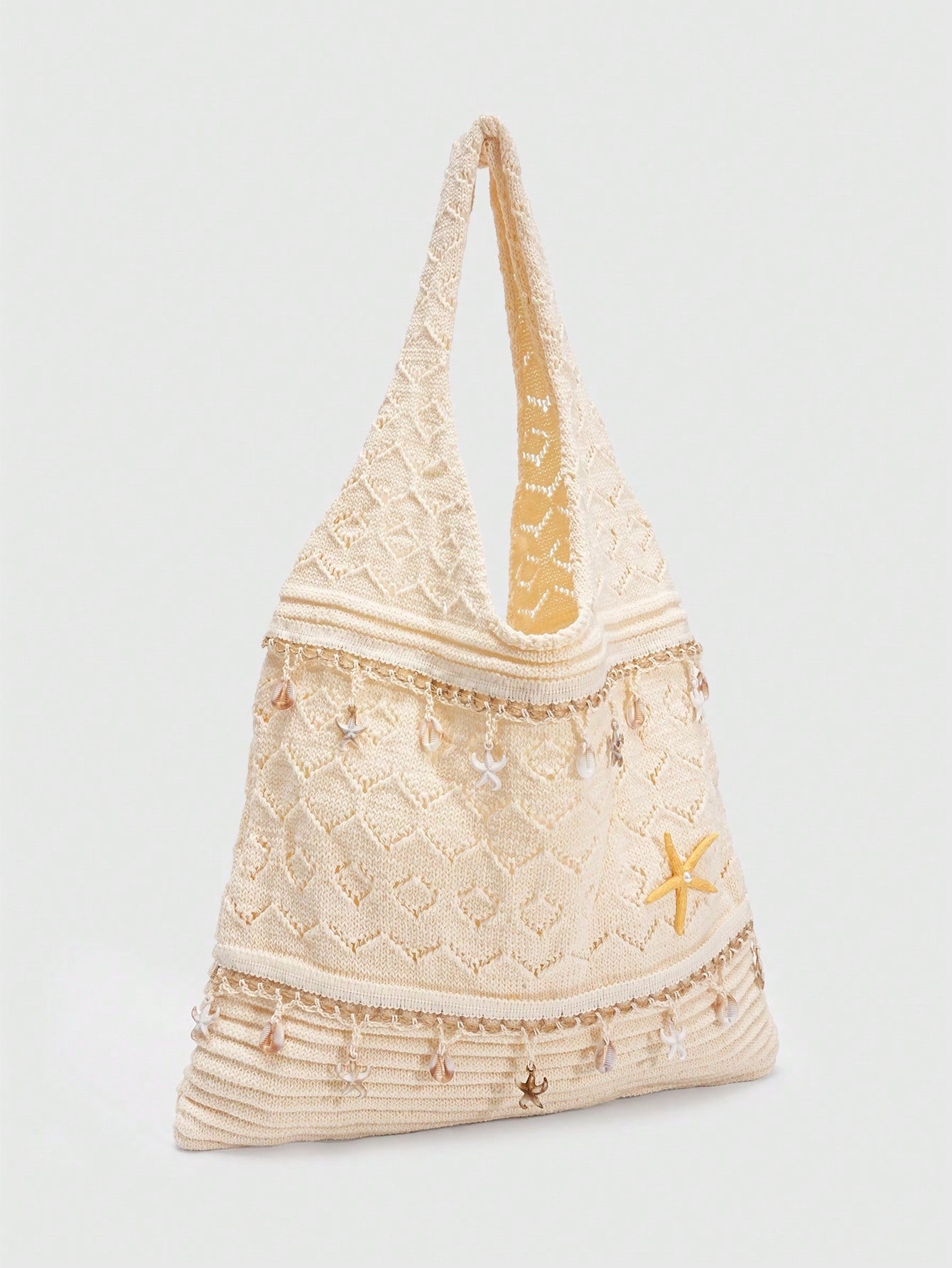 ROMWE Fairycore 1 Pc Tropical Ocean Beach Vacation Style Woven Hollow Beige Women's Shoulder Crossbody Handbag, Large Capacity Travel Vacation Bag