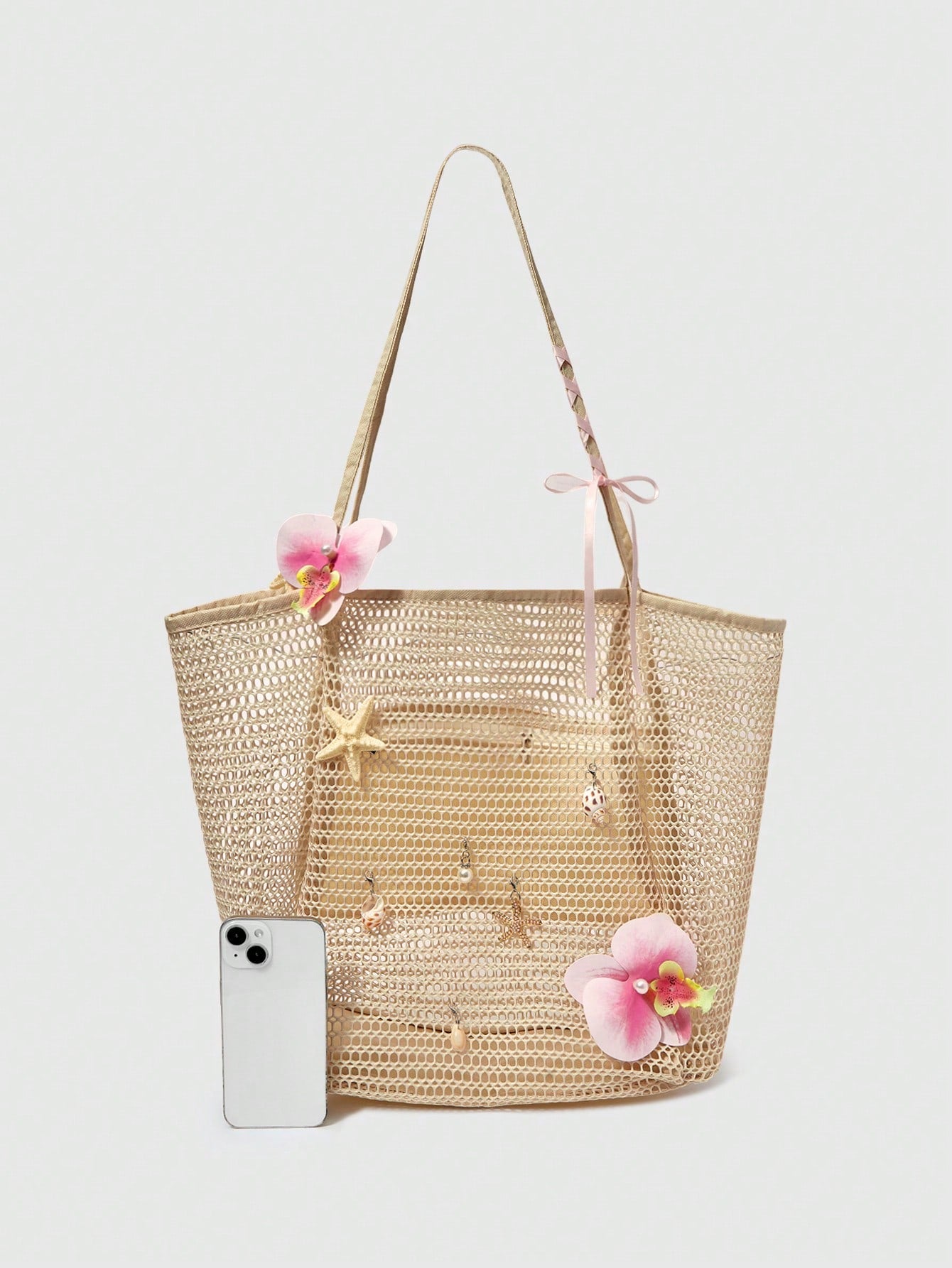 OMWE Fairycore 1pc Handmade Woven Tote Bag With Artificial Orchid, Lily Decor,