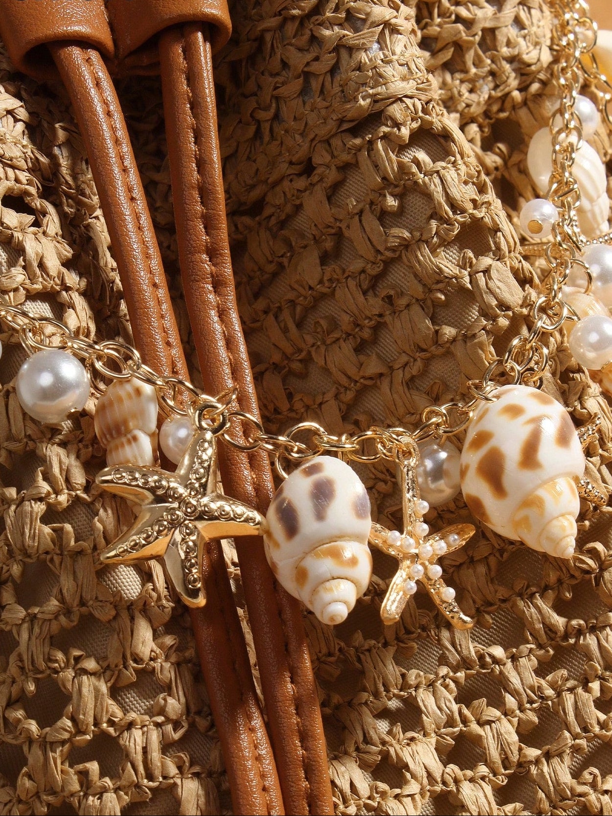 Original Handmade Style, Niche Vacation Style, Drawstring Woven Bag, Hollowed Out Woven Bucket Bag, Starfish Shell Hanging Decoration, Single Shoulder Crossbody Bag, Lightweight, Casual, Breathable, Shopping, Travel, Vacation Beach Bag