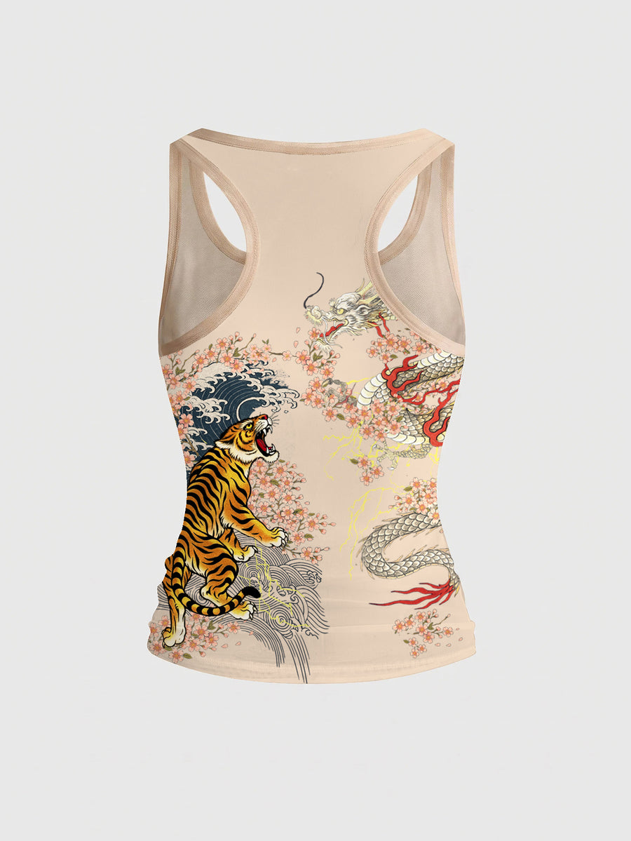 Women's slim fit tank top featuring a tiger dragon folk print, square neckline, cut out detail, and sleeveless cut in beige knitted fabric.