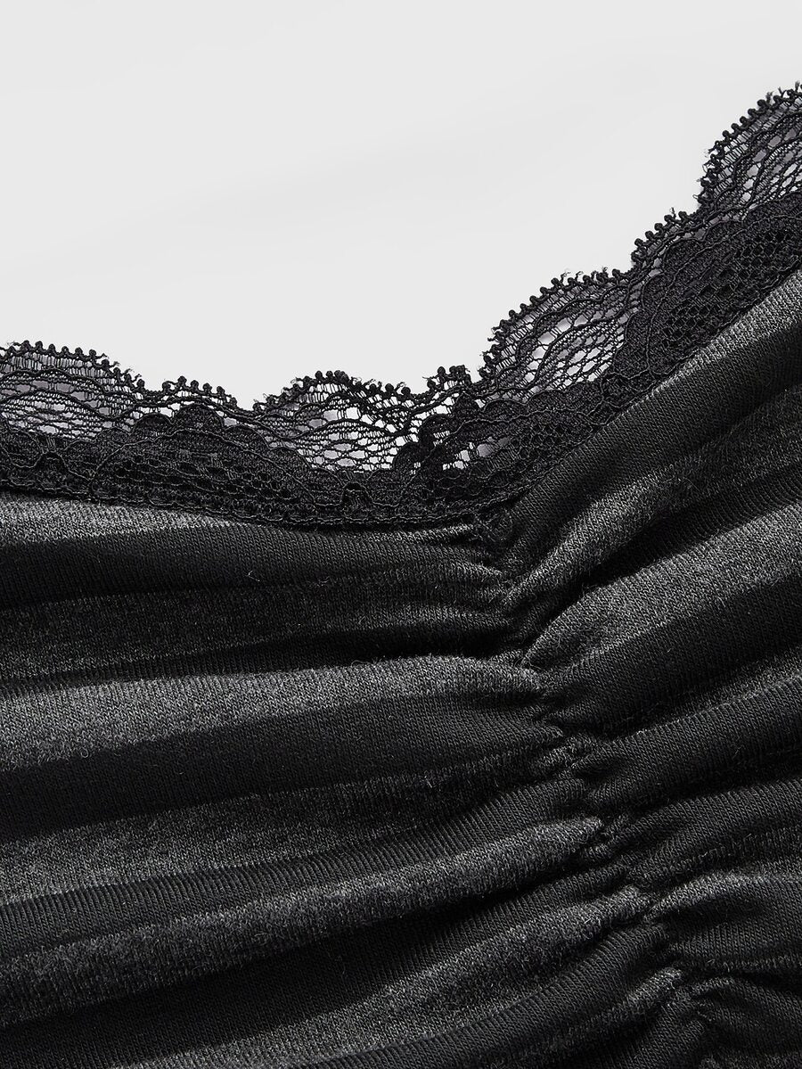Burgundy and black striped lace trim camisole with spaghetti straps and ruched rib-knit detail.