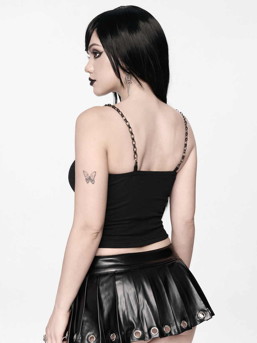 Black gothic rib-knit cross chain camisole top with asymmetrical hem and matching arm sleeves.