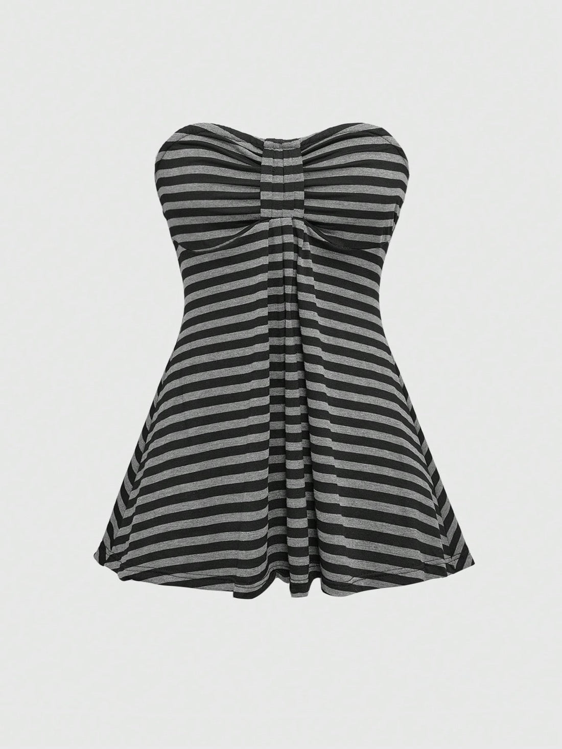 Women's black striped cropped camisole top with strapless design, ruched detailing, zipper split front, and slim fit stretchy knitted fabric.