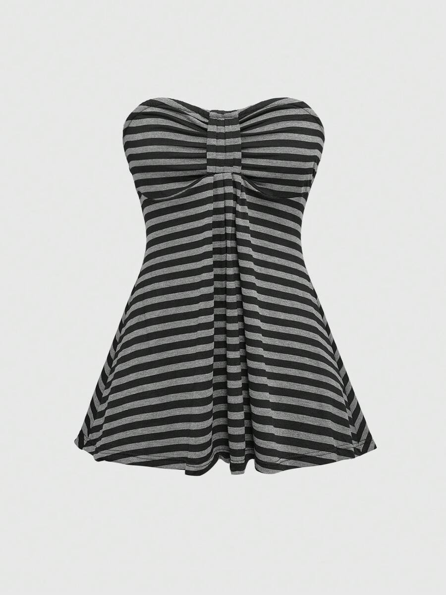 Women's black striped cropped camisole top with strapless design, ruched detailing, zipper split front, and slim fit stretchy knitted fabric.