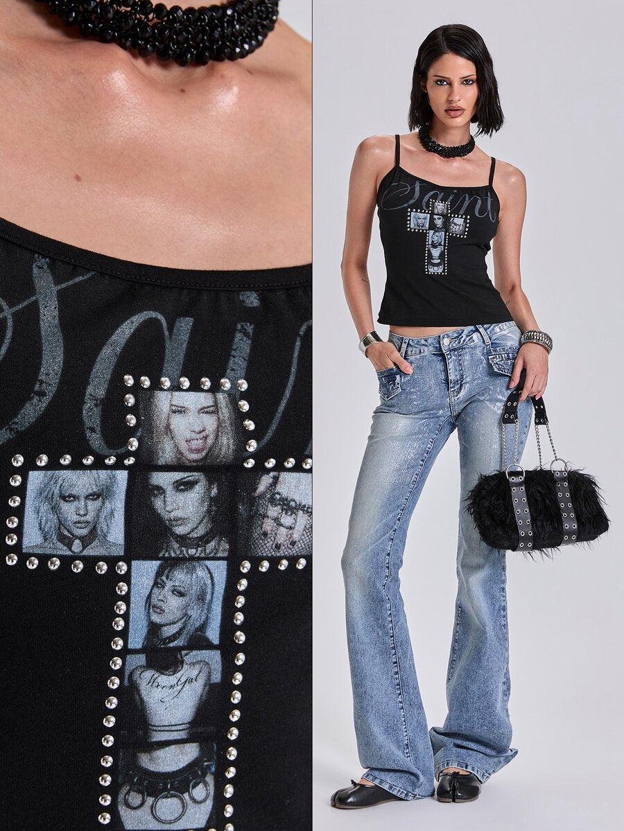 Black fitted cropped spaghetti strap tank top for women featuring a graphic portrait cross print with rhinestone details.