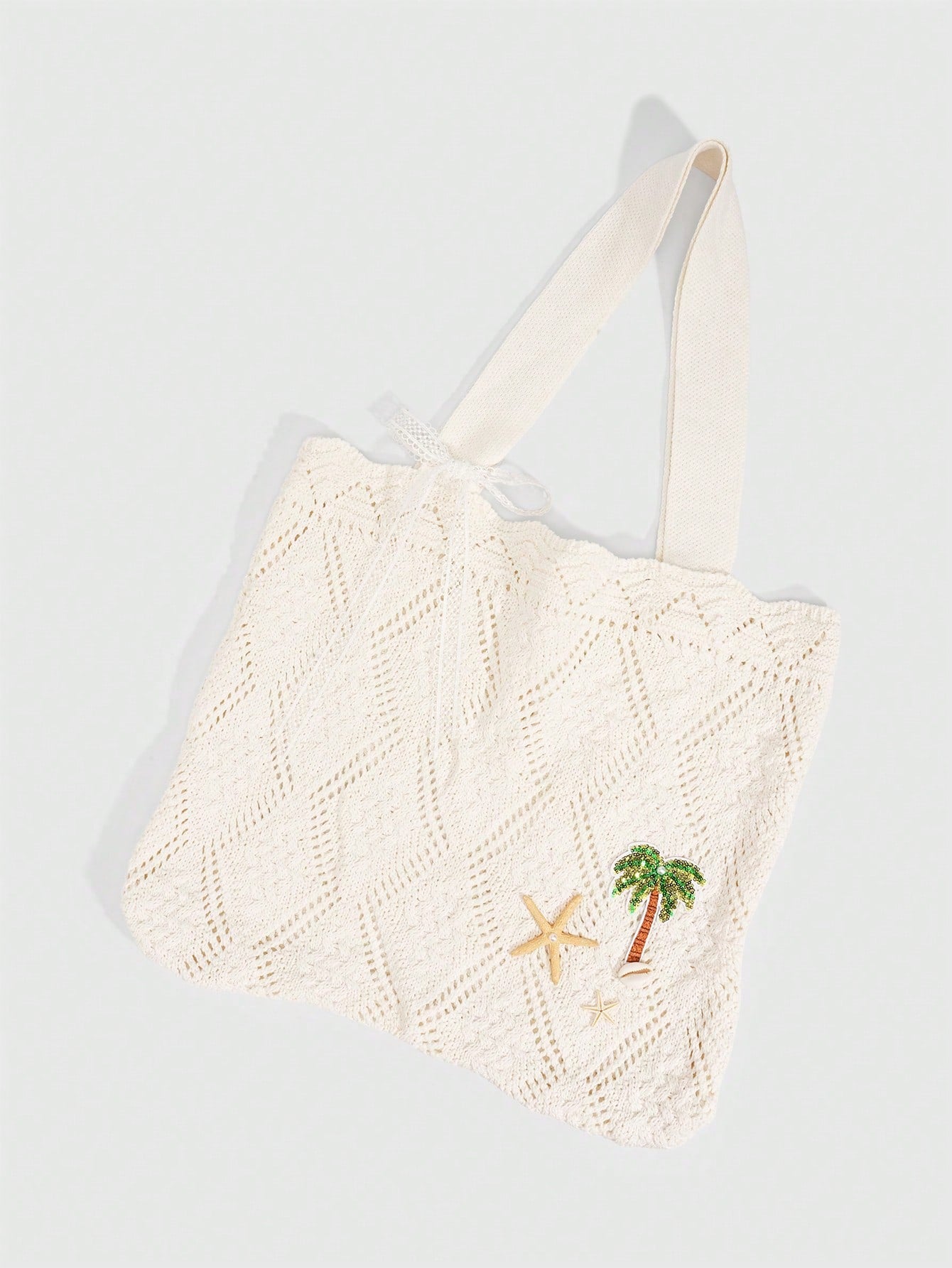 ROMWE Fairycore 1 Pc Tropical Ocean Beach Vacation Style Woven Hollow Beige Women's Shoulder Crossbody Handbag, Large Capacity Travel Vacation Bag
