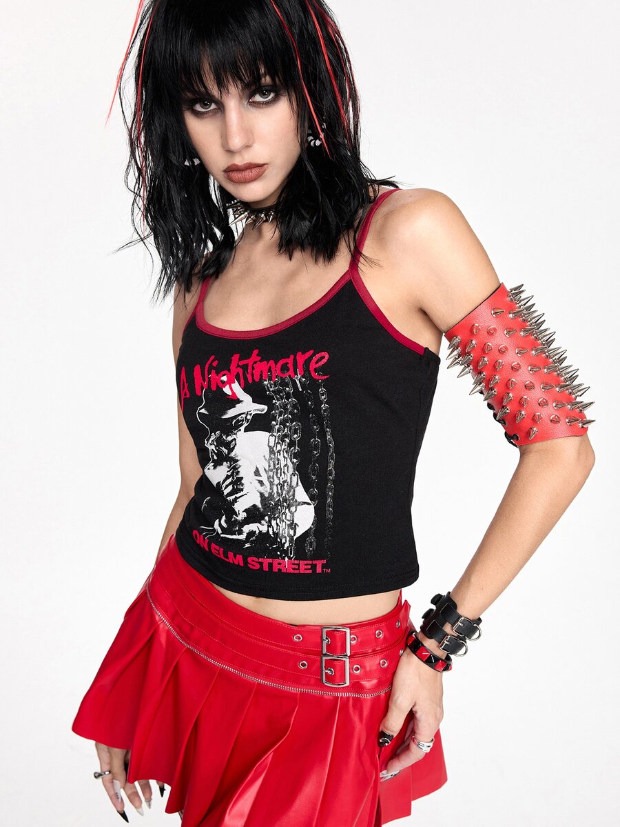 Women's black Halloween contrast print slim fit camisole tank top with spaghetti straps and ruched detailing.